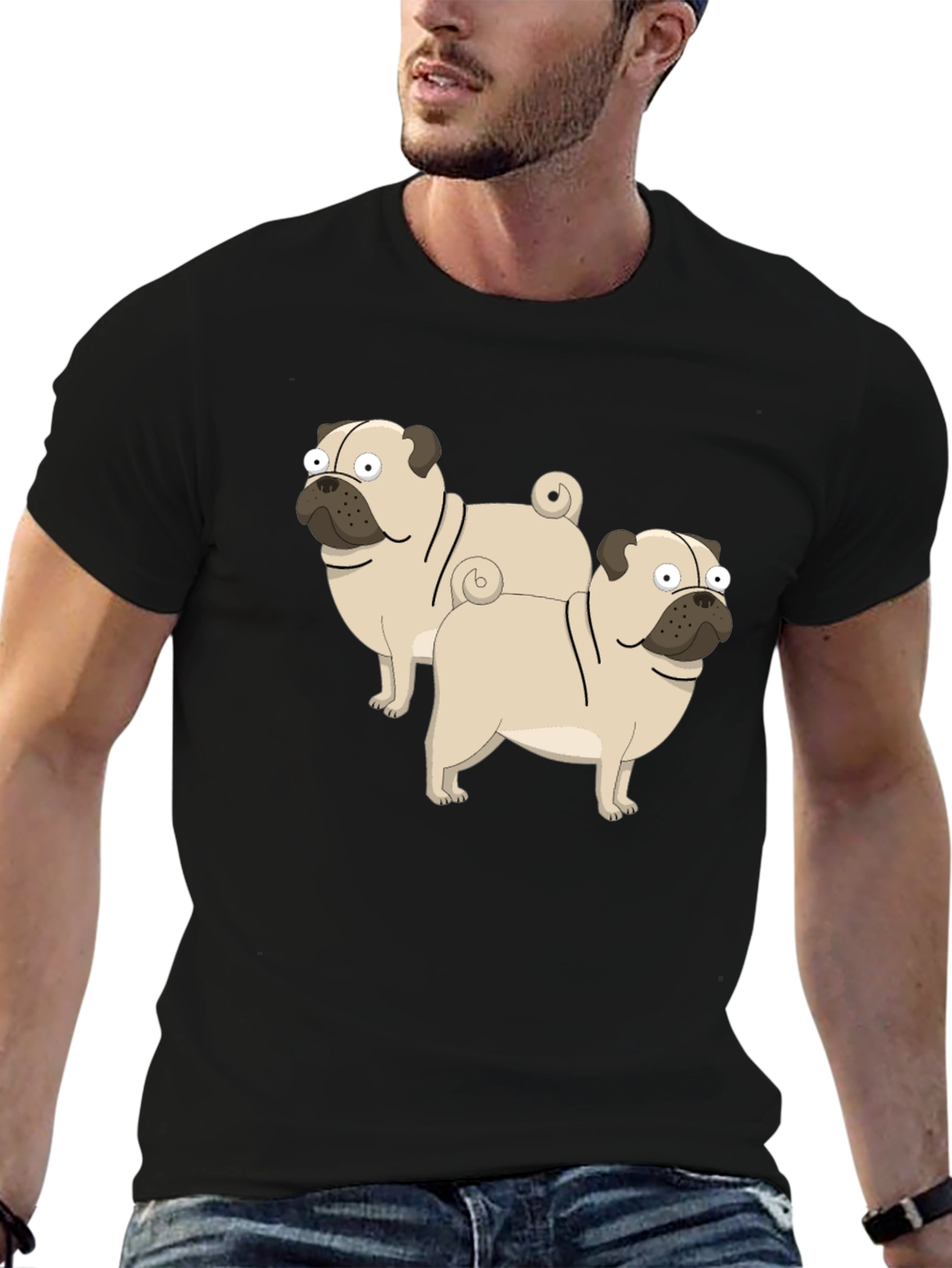 Cartoon Pug Graphic T-Shirt - Black Cotton Blend