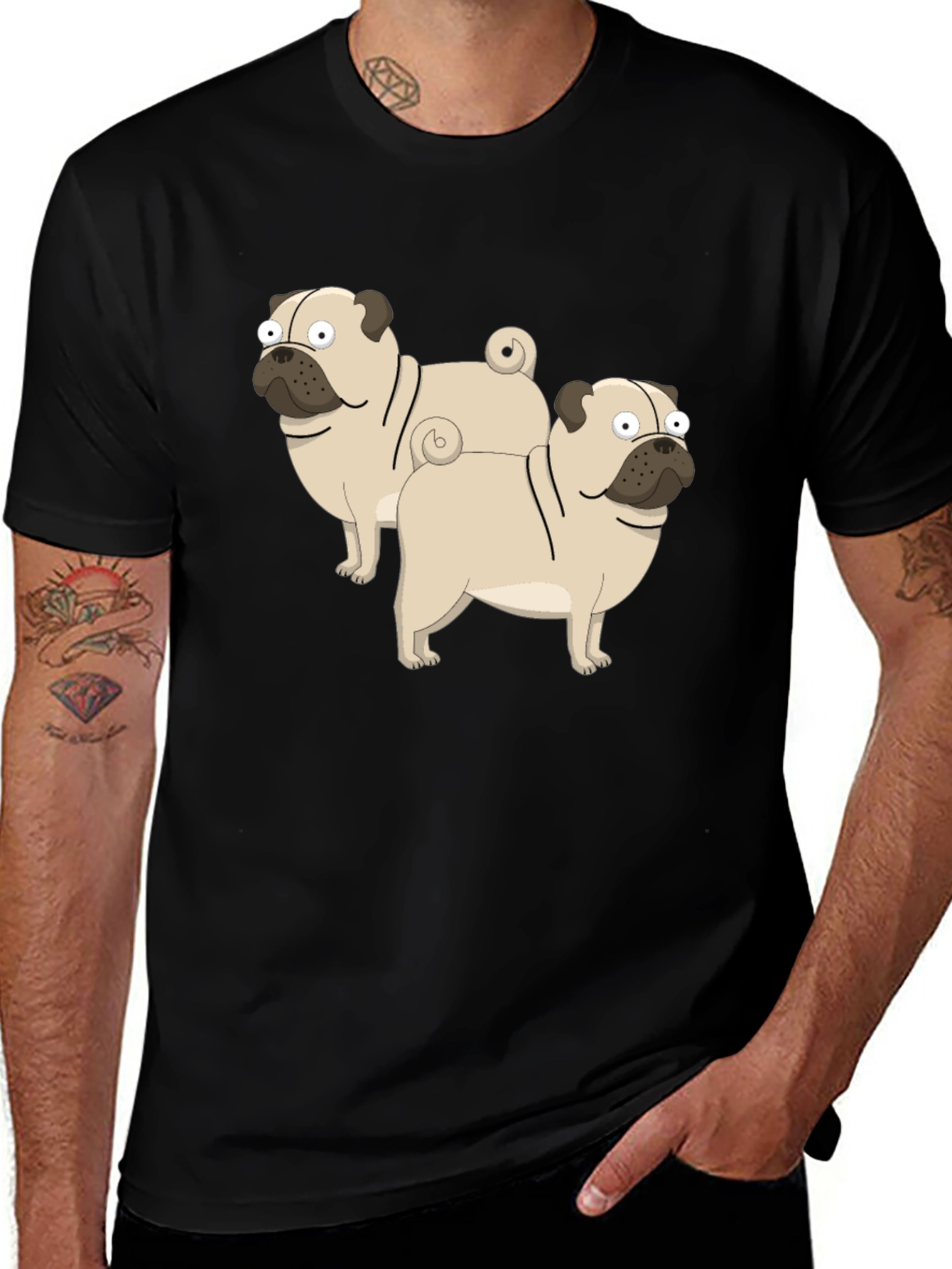 Cartoon Pug Graphic T-Shirt - Black Cotton Blend