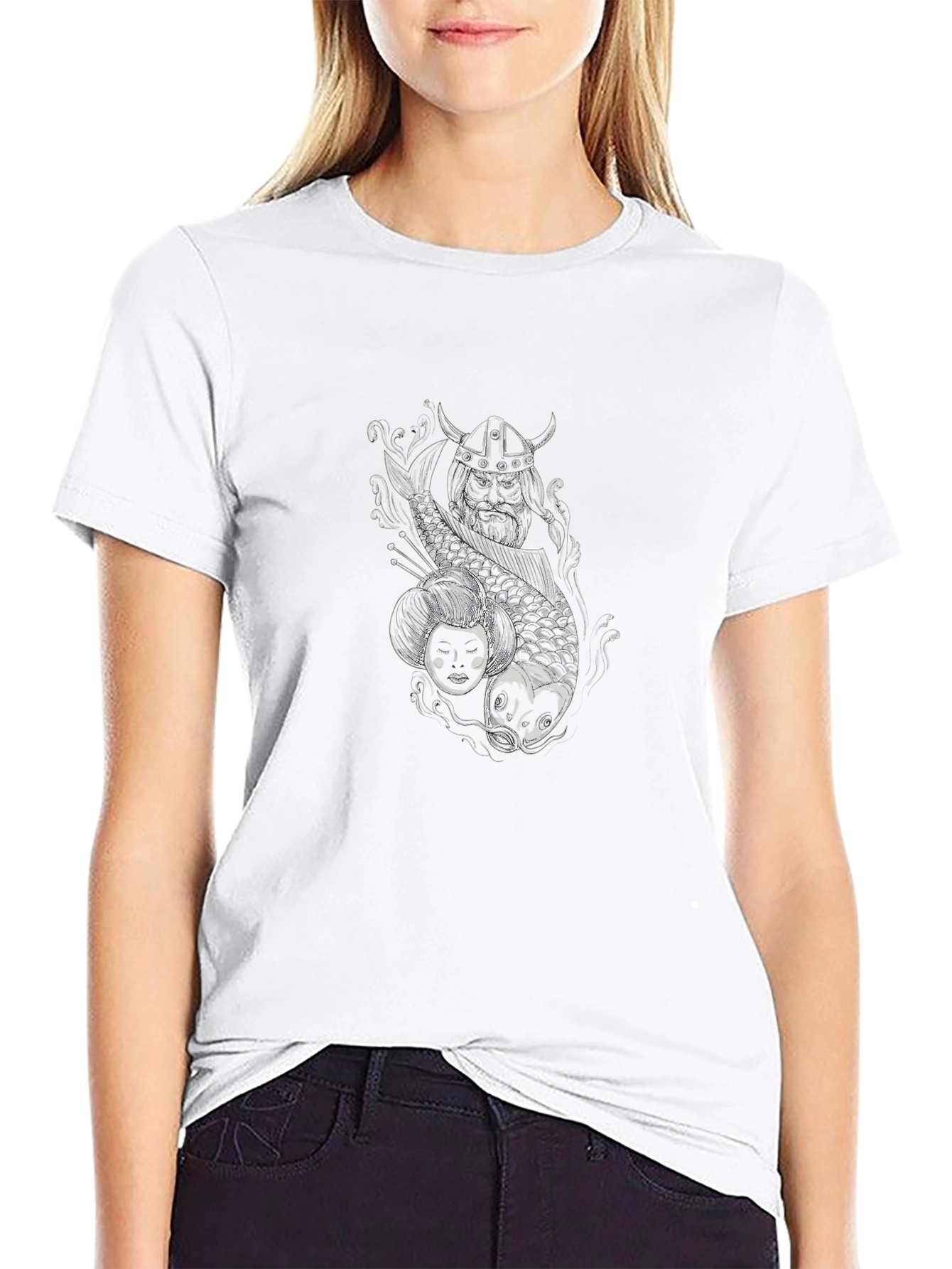 Black T-Shirt with Koi Fish and Samurai Graphic