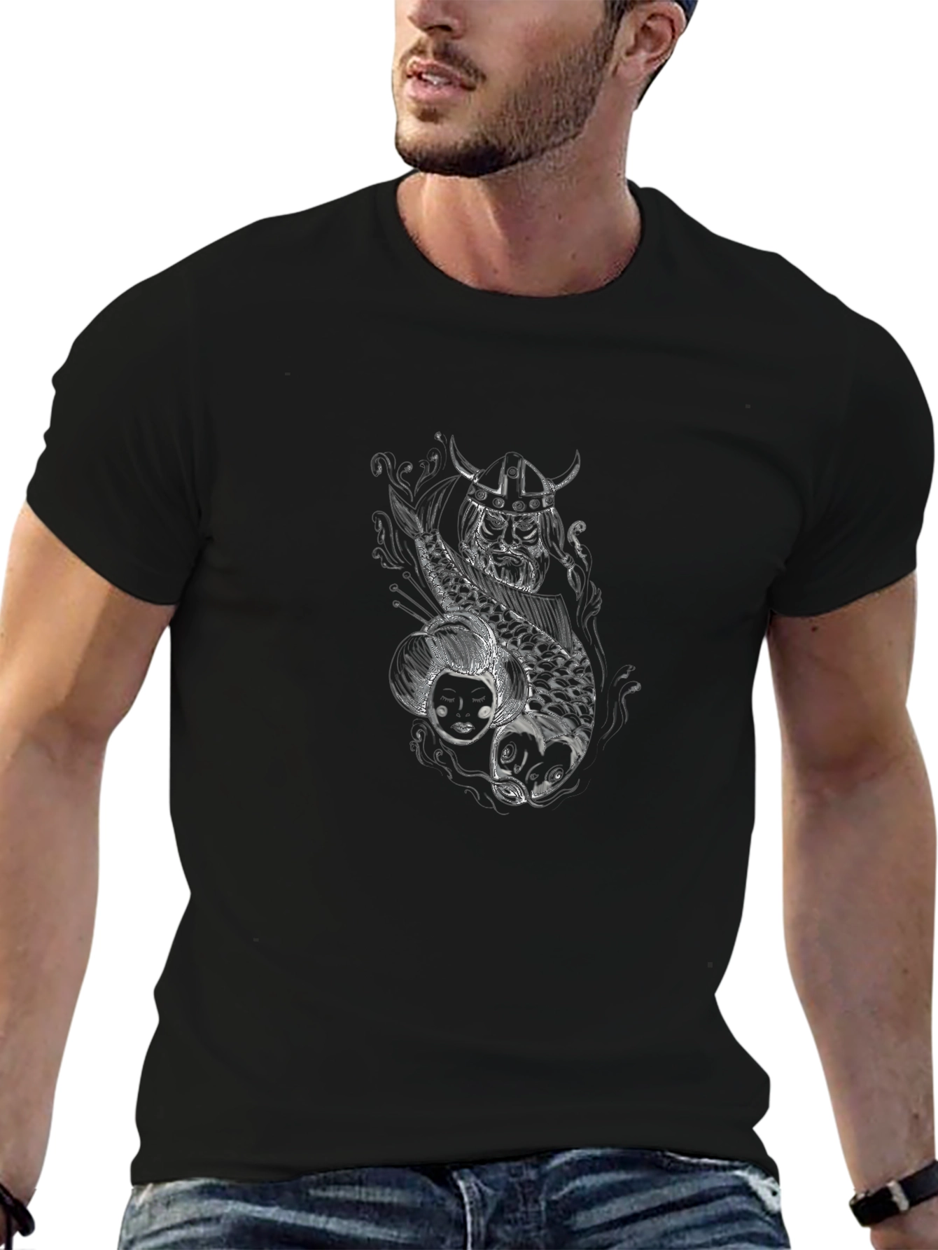 Black T-Shirt with Koi Fish and Samurai Graphic