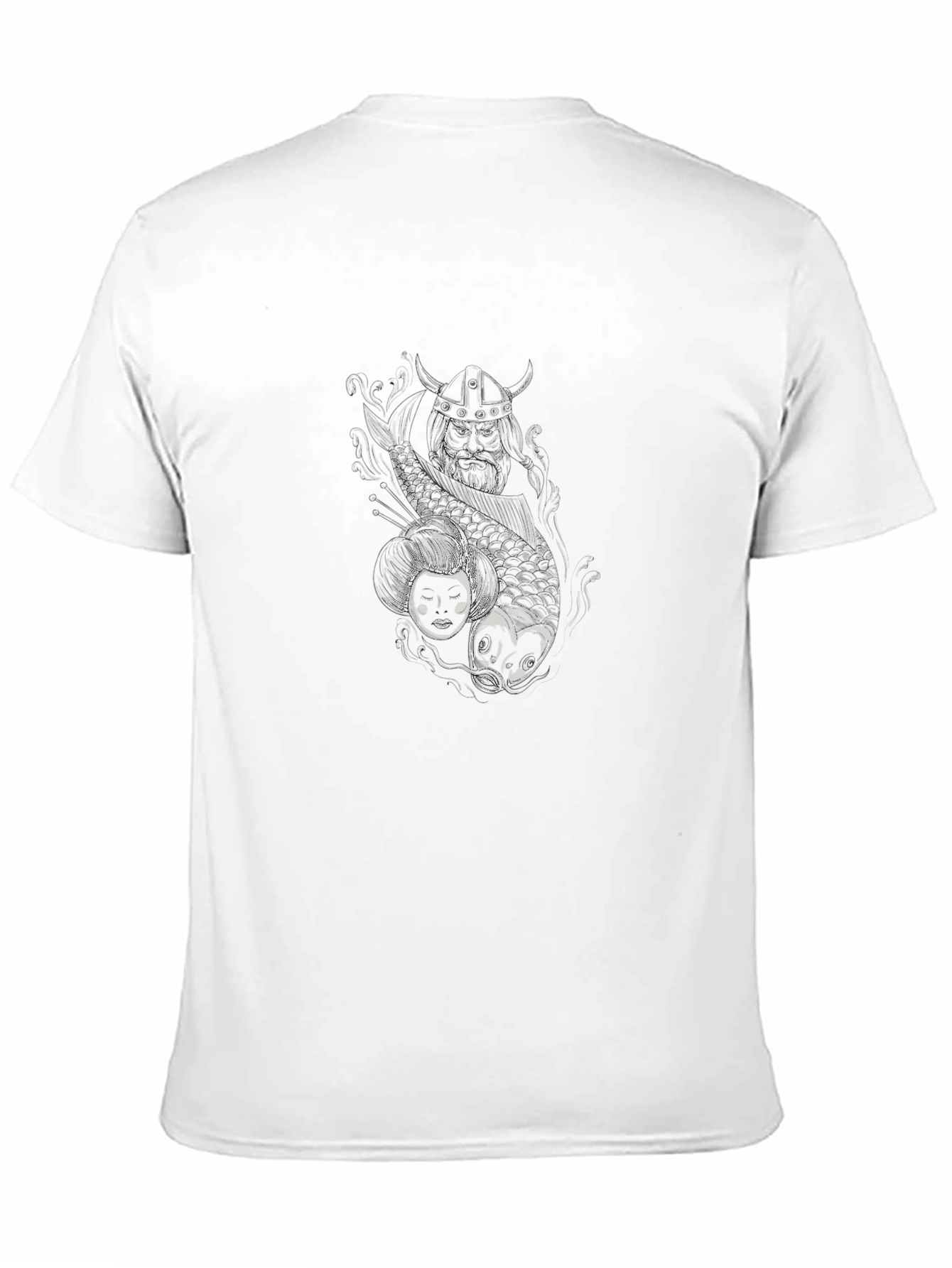 Black T-Shirt with Koi Fish and Samurai Graphic
