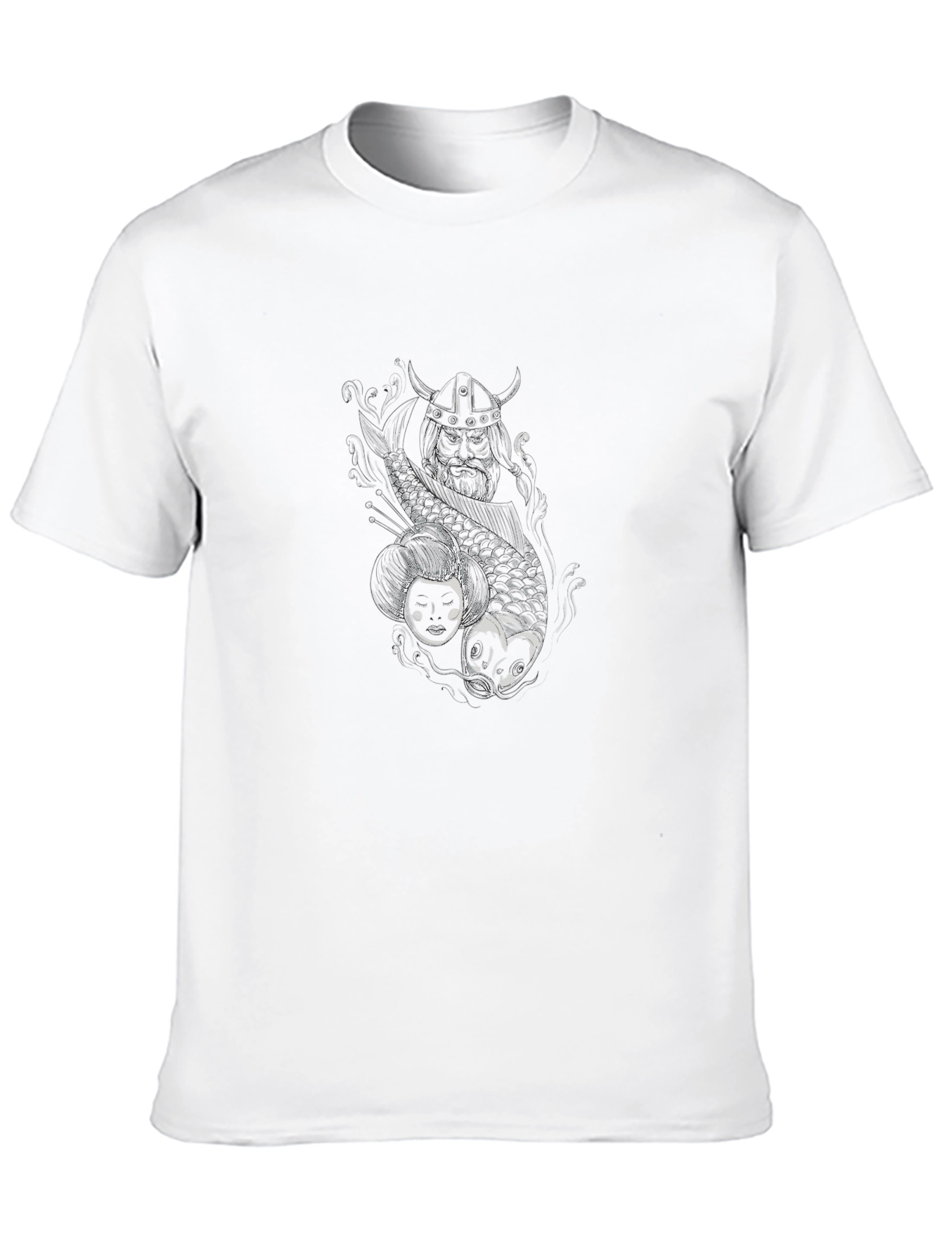 Black T-Shirt with Koi Fish and Samurai Graphic