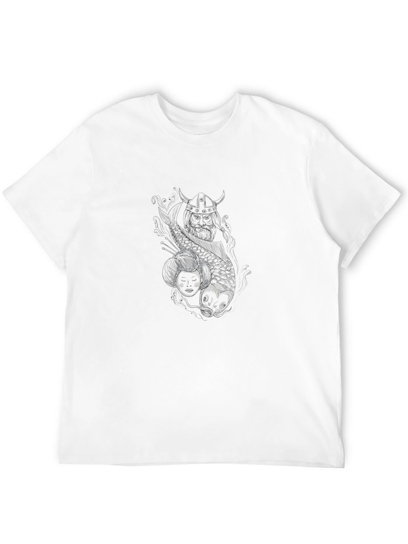 Black T-Shirt with Koi Fish and Samurai Graphic