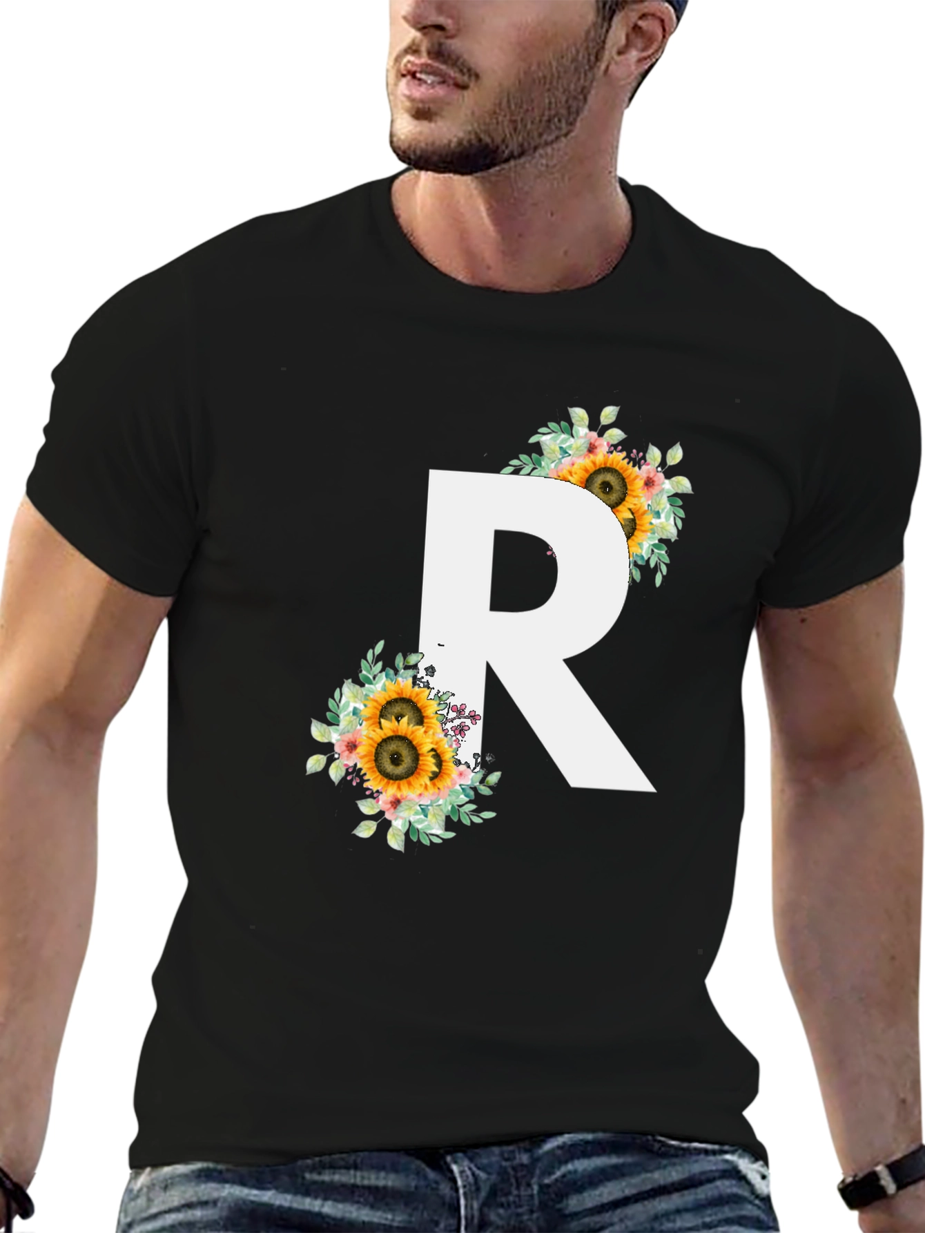 Floral Initial R Black T-Shirt