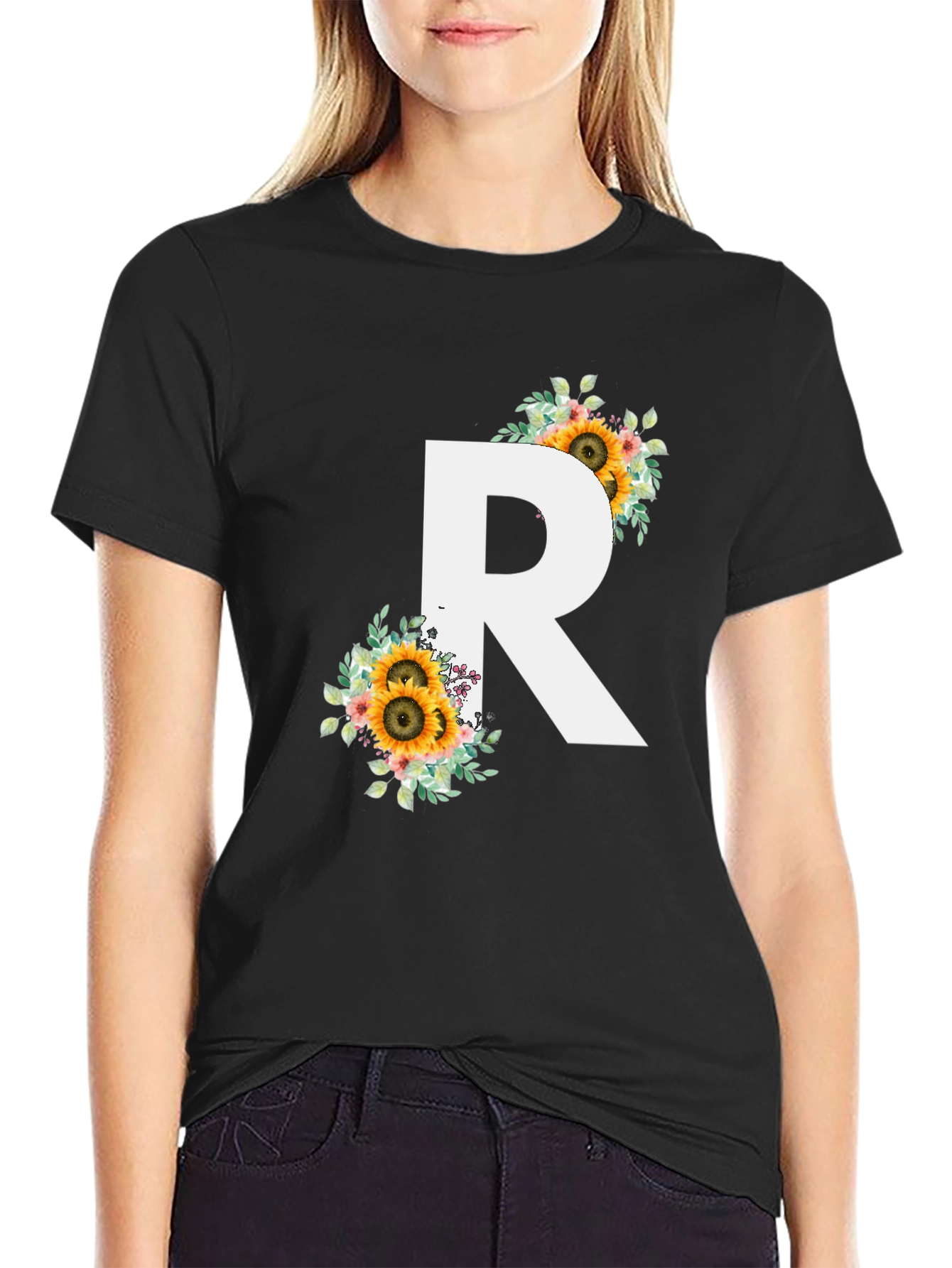 Floral Initial R Black T-Shirt