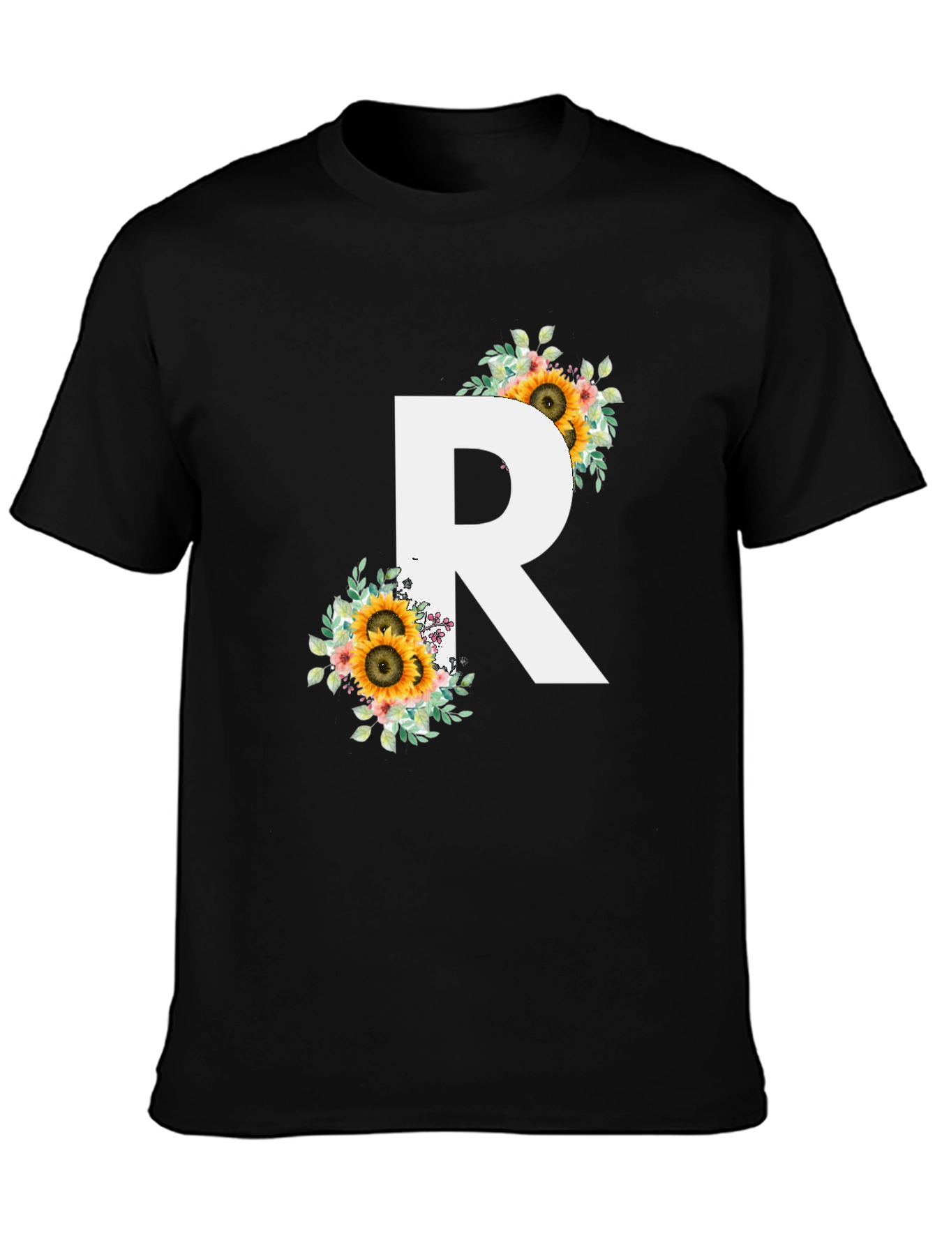 Floral Initial R Black T-Shirt