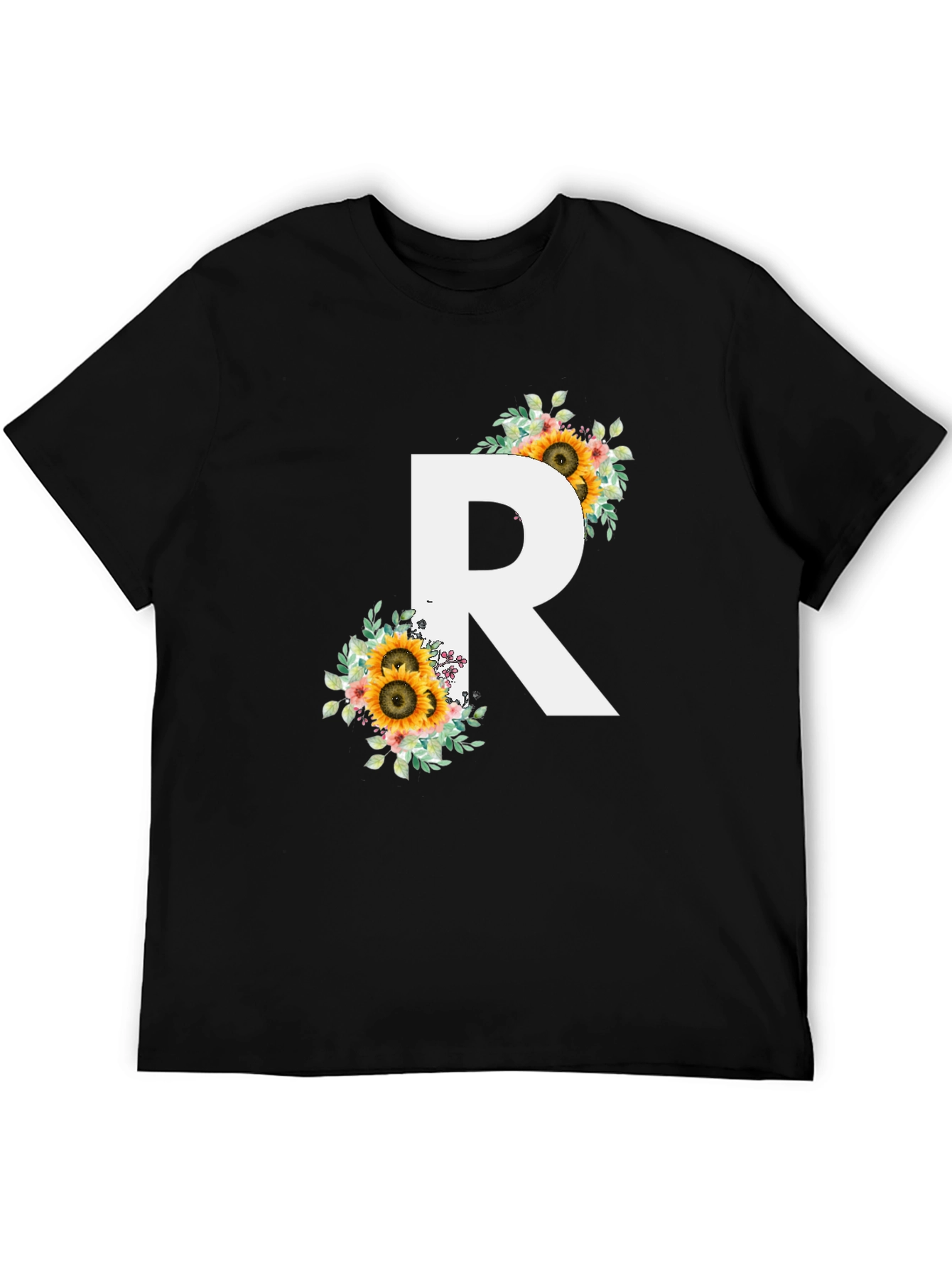 Floral Initial R Black T-Shirt