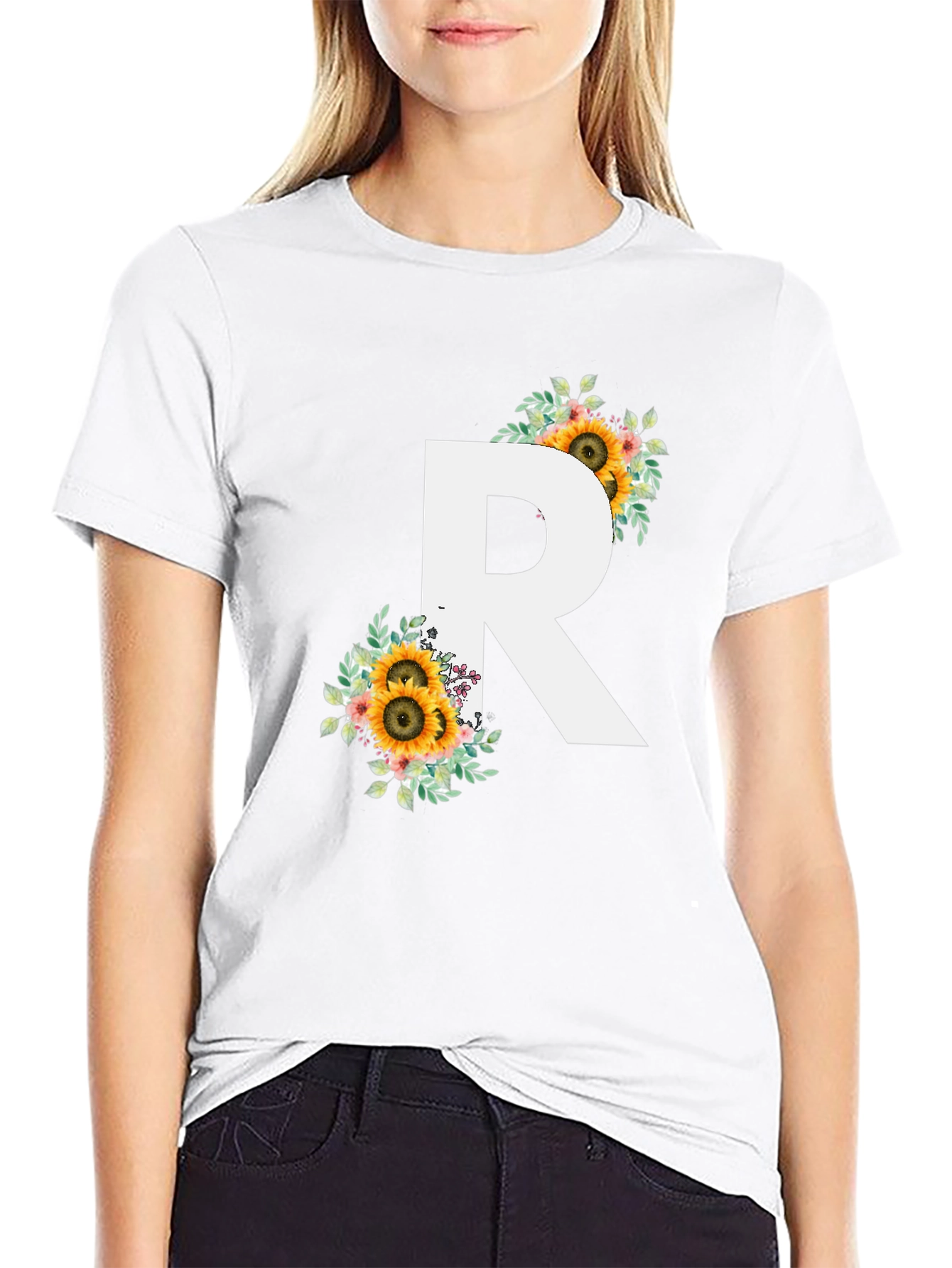 Floral Initial R Black T-Shirt