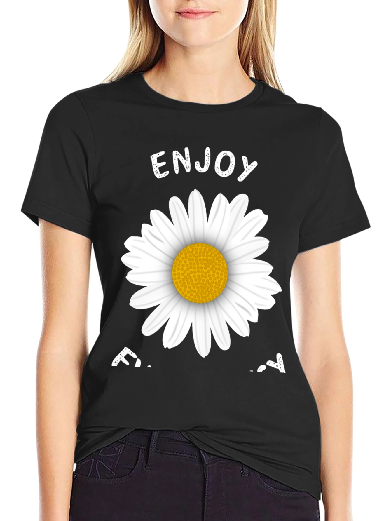 Enjoy Today Daisy Graphic Tee - Black Casual T-Shirt