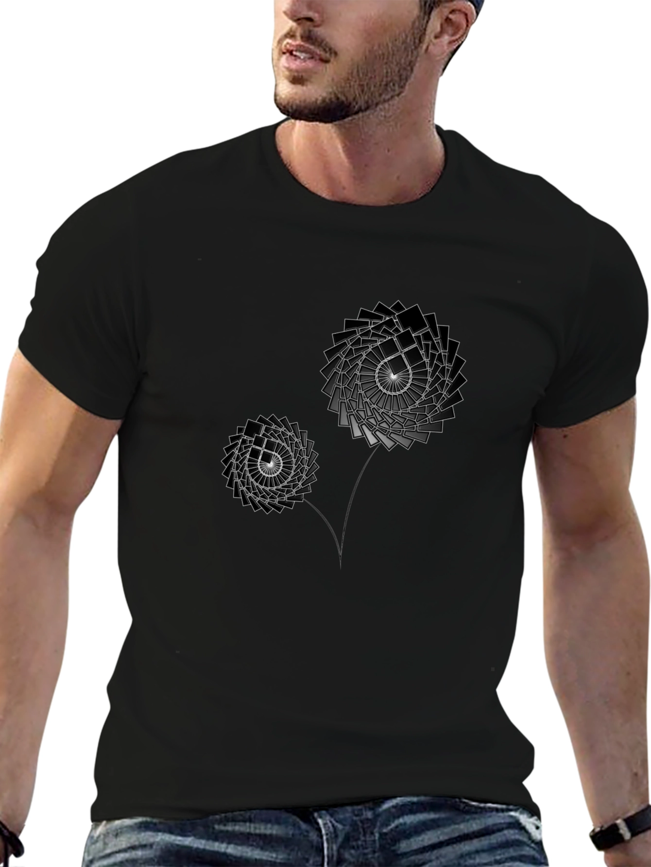 Geometric Flower Graphic Print Black T-Shirt