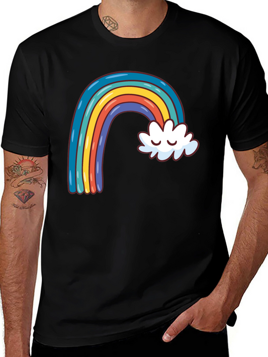 Rainbow & Cloud Graphic Tee - Black Cotton Casual Shirt