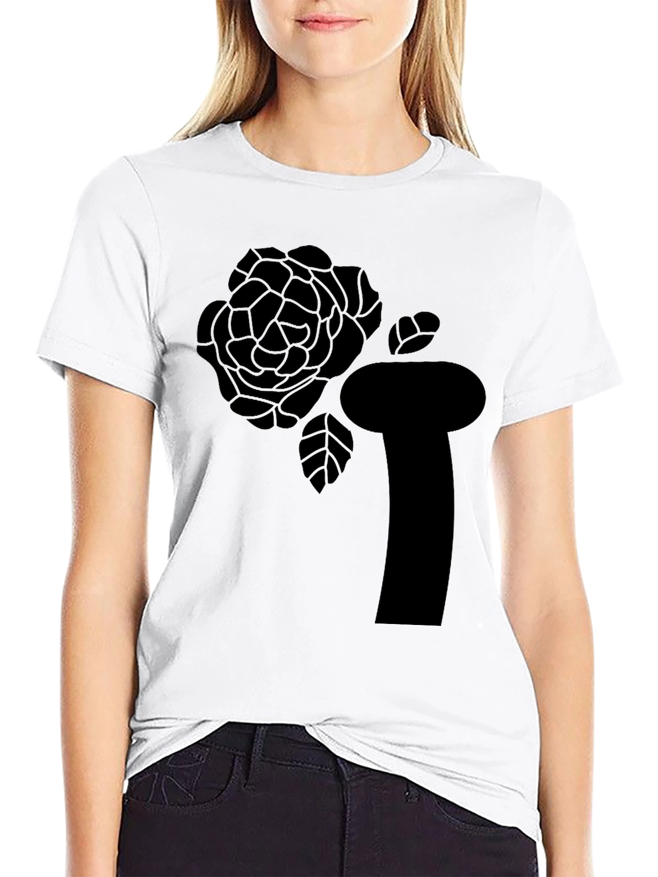 Black T-Shirt with Abstract Rose Graphic