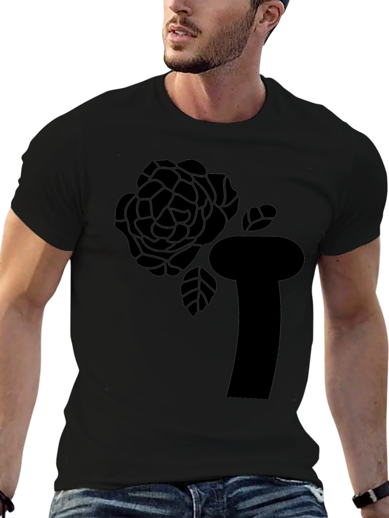 Black T-Shirt with Abstract Rose Graphic
