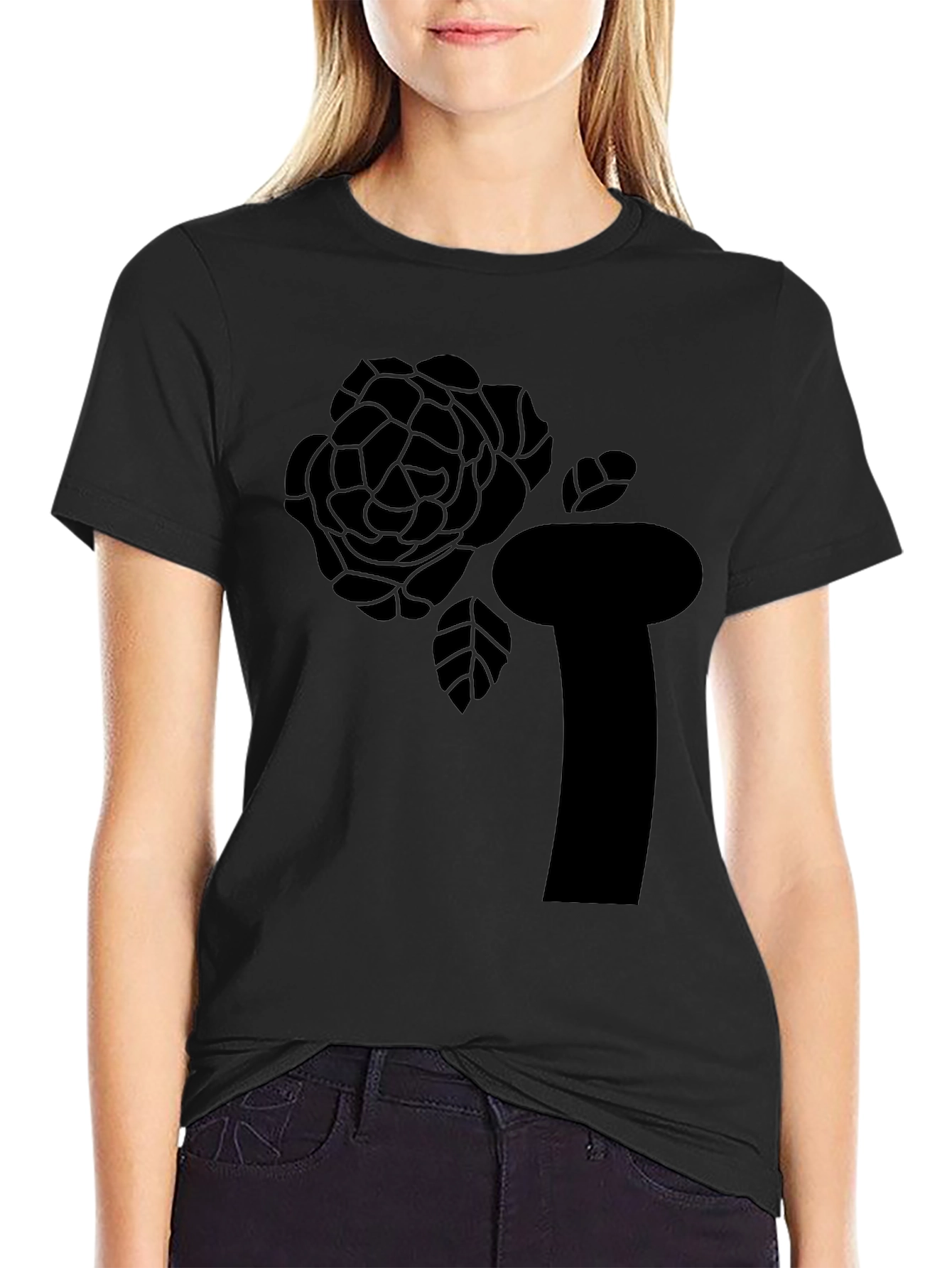 Black T-Shirt with Abstract Rose Graphic