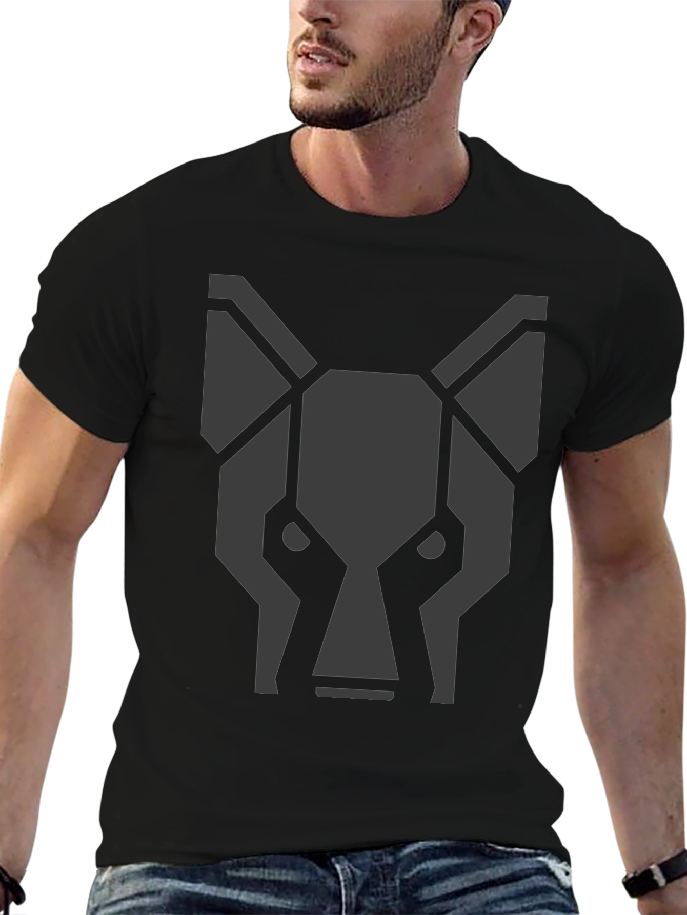 Geometric Wolf Head Graphic Black T-Shirt