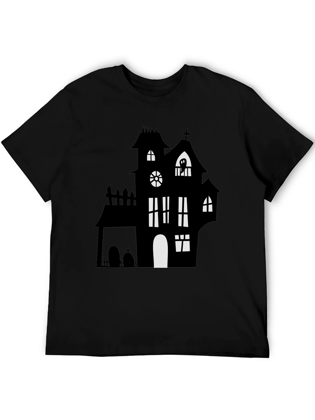 Spooky Halloween Haunted House Graphic Tee - Black