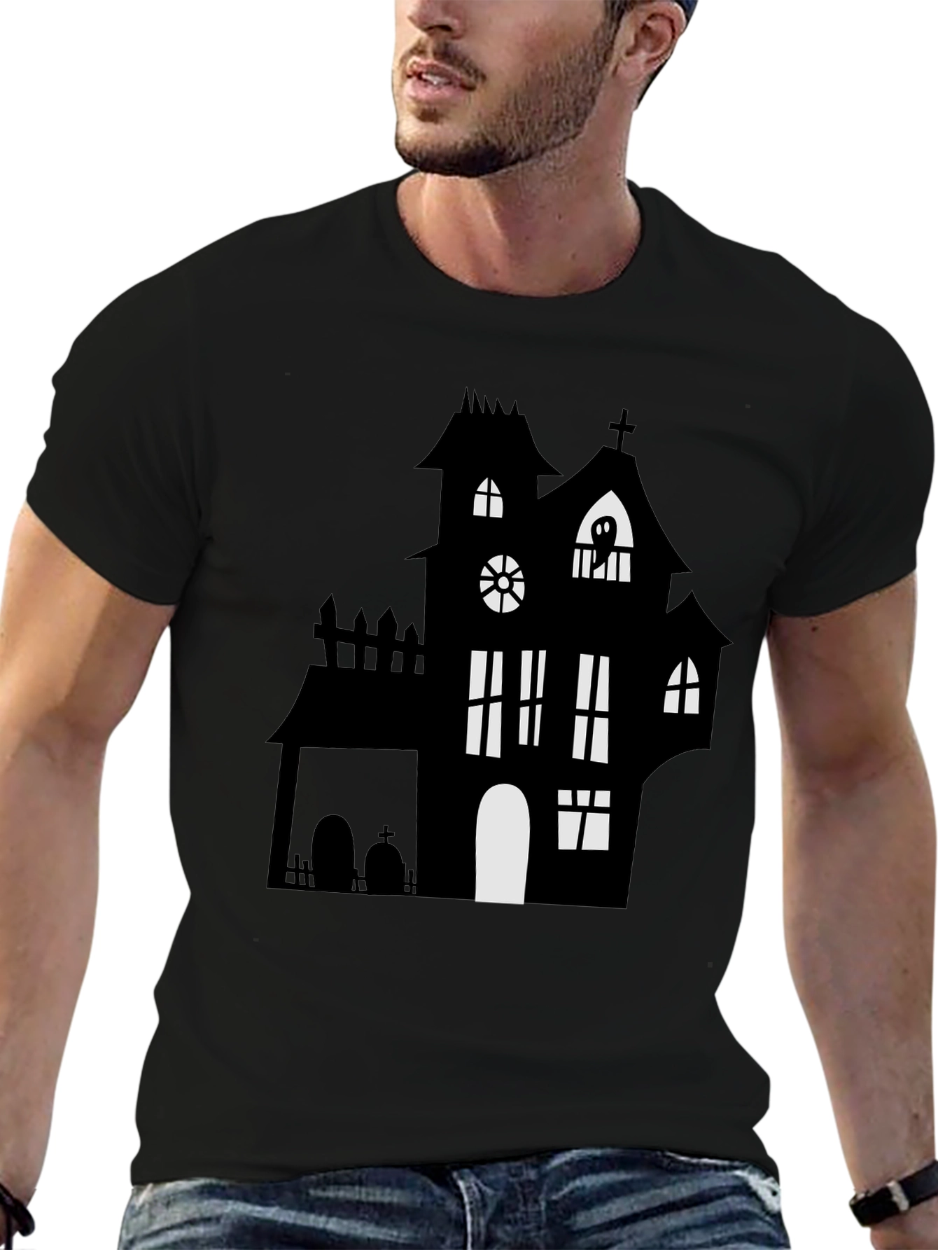 Spooky Halloween Haunted House Graphic Tee - Black