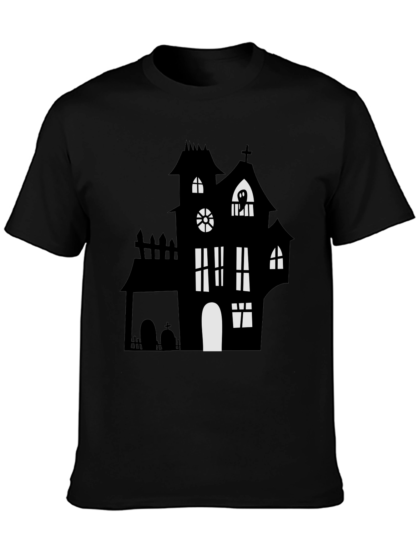 Spooky Halloween Haunted House Graphic Tee - Black