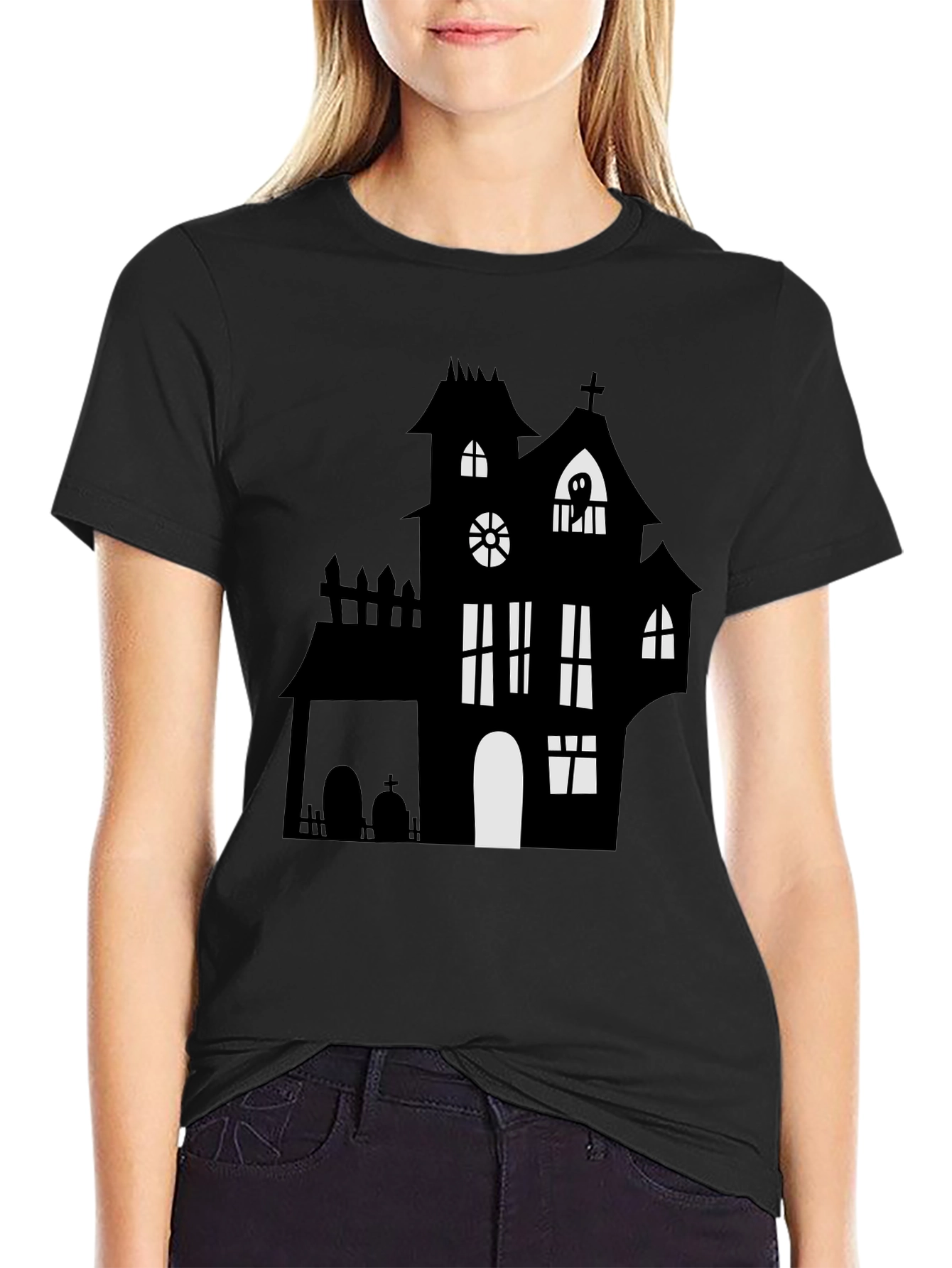 Spooky Halloween Haunted House Graphic Tee - Black