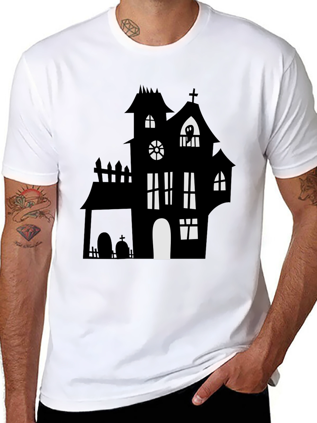 Spooky Halloween Haunted House Graphic Tee - Black
