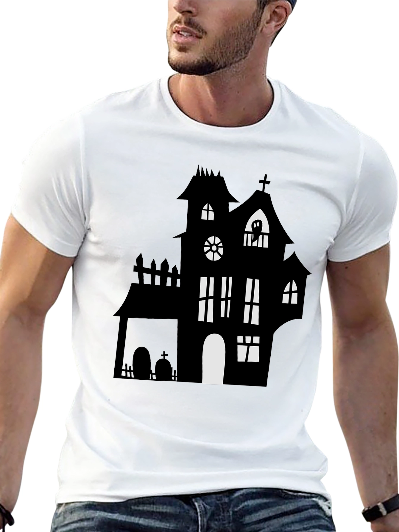 Spooky Halloween Haunted House Graphic Tee - Black