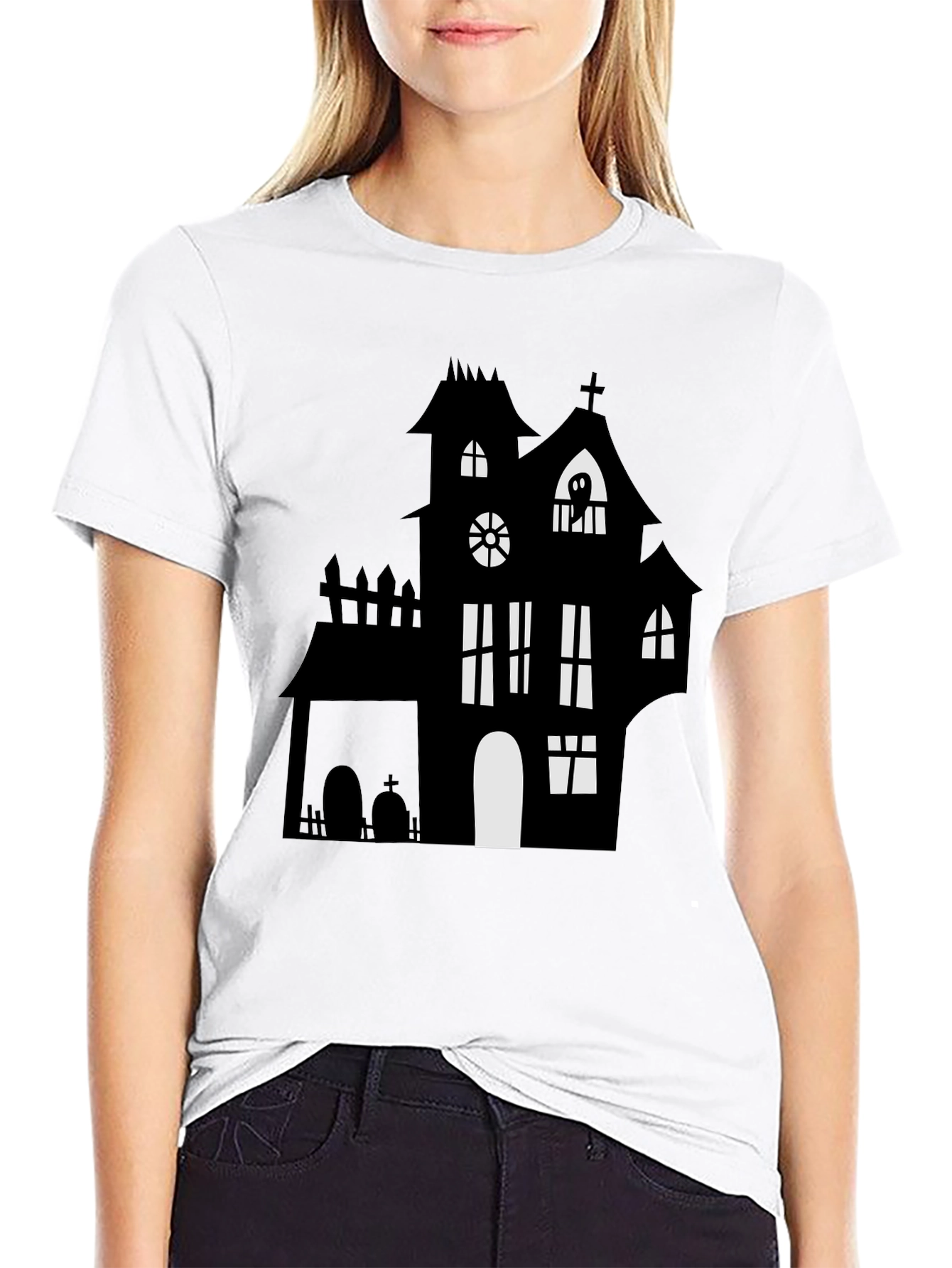 Spooky Halloween Haunted House Graphic Tee - Black