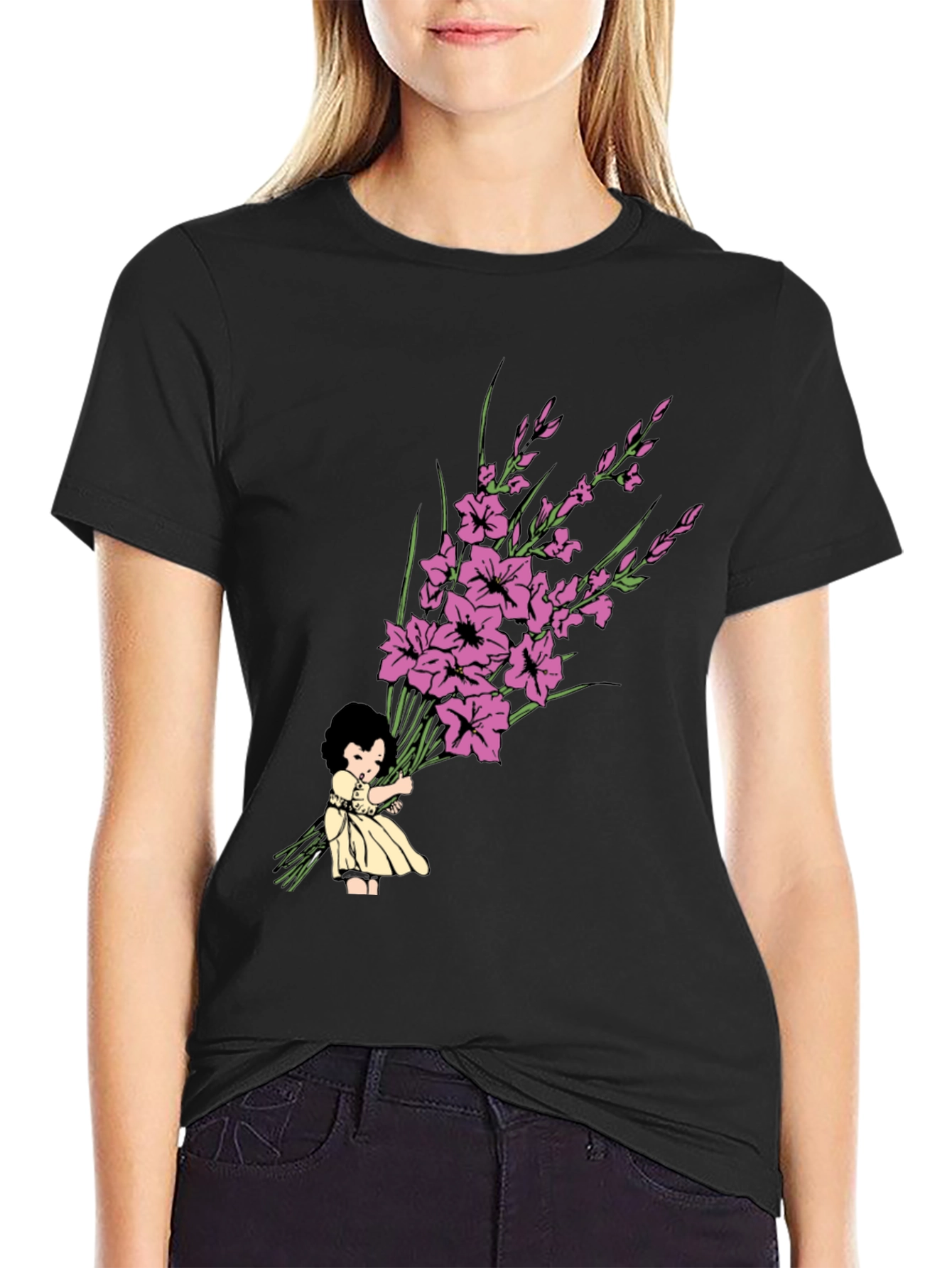Girl Holding Flower Bouquet Graphic Tee