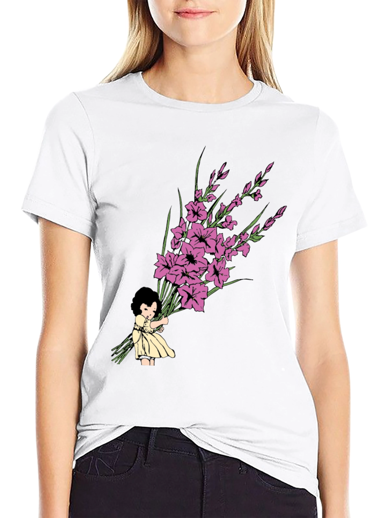 Girl Holding Flower Bouquet Graphic Tee