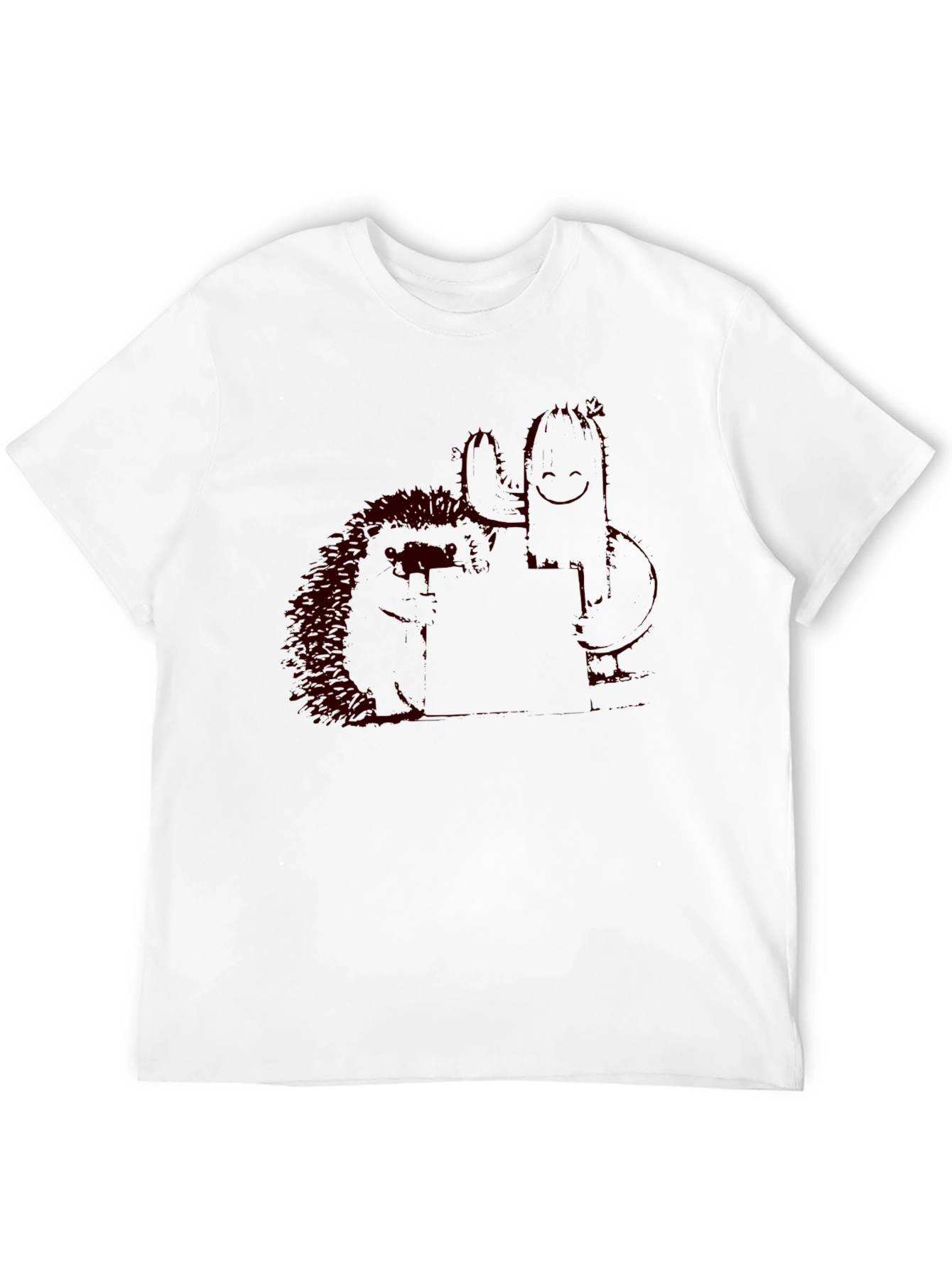 Black T-Shirt with Quirky Cactus & Hedgehog Graphic