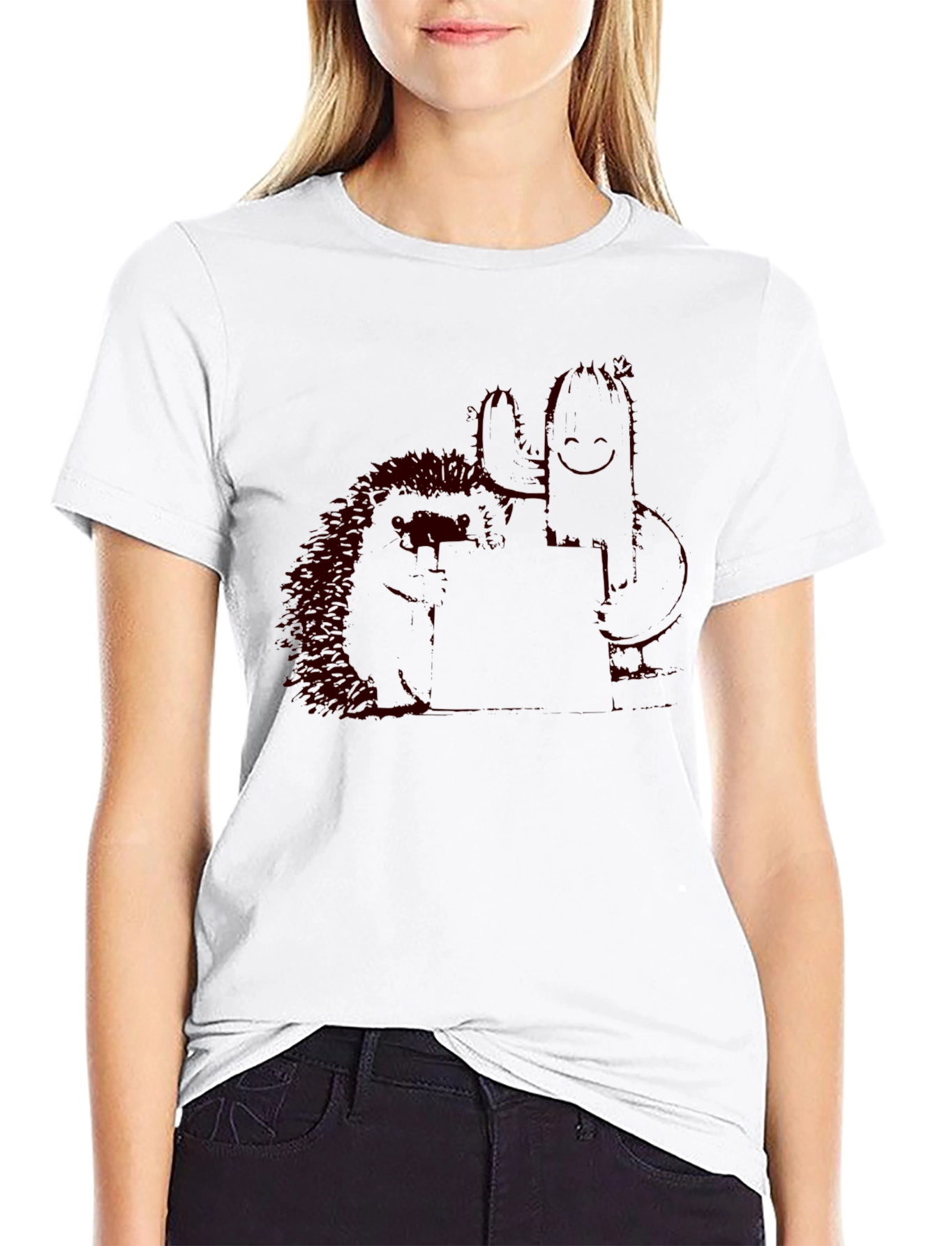 Black T-Shirt with Quirky Cactus & Hedgehog Graphic
