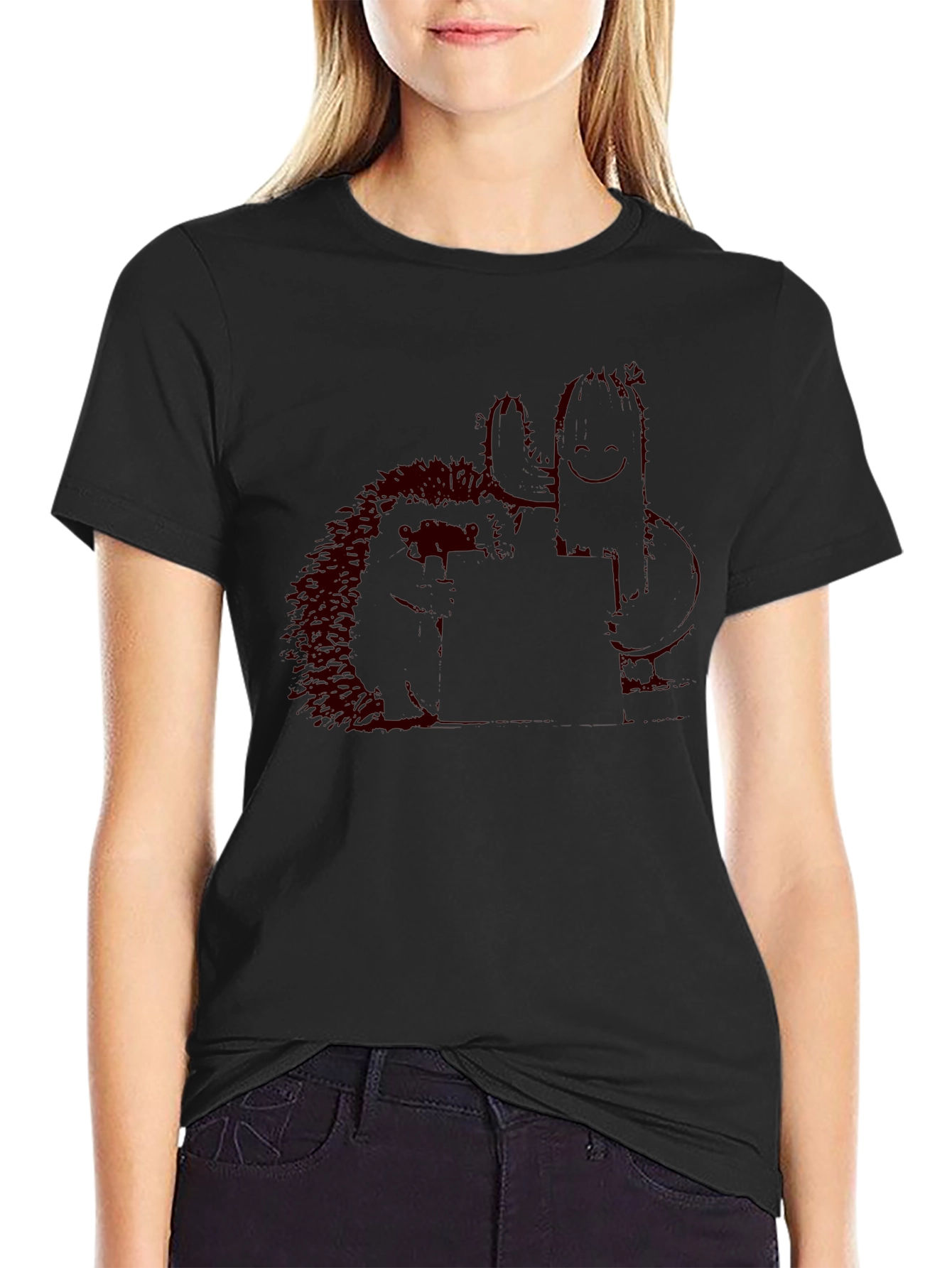 Black T-Shirt with Quirky Cactus & Hedgehog Graphic