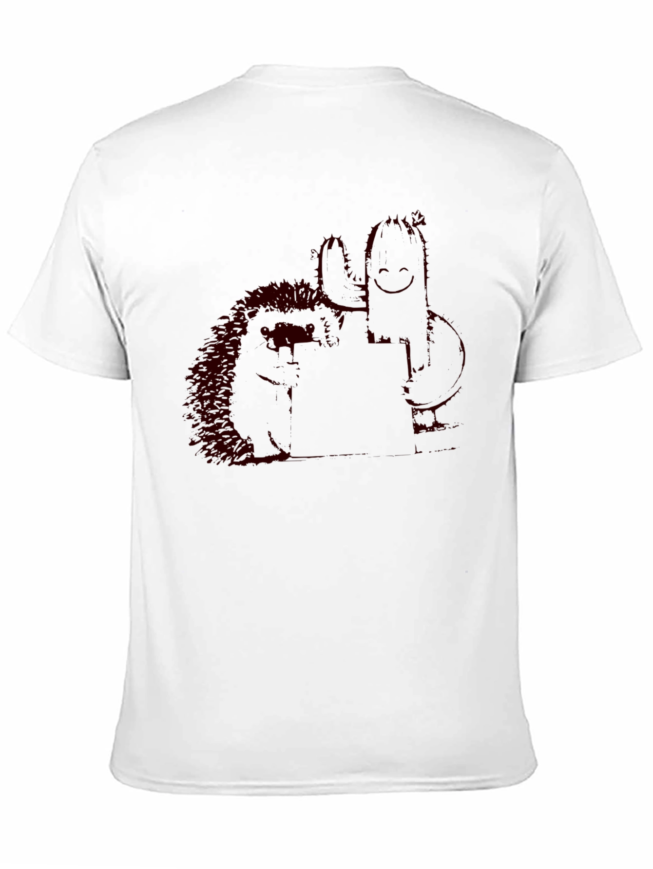 Black T-Shirt with Quirky Cactus & Hedgehog Graphic