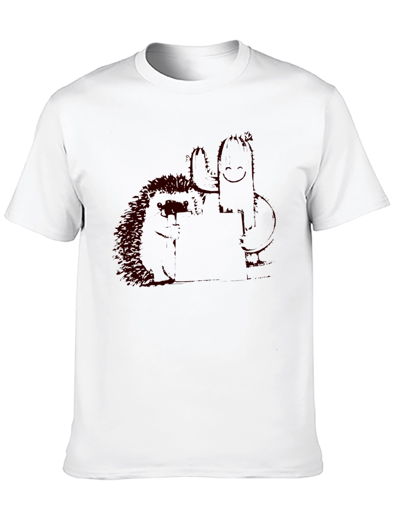 Black T-Shirt with Quirky Cactus & Hedgehog Graphic