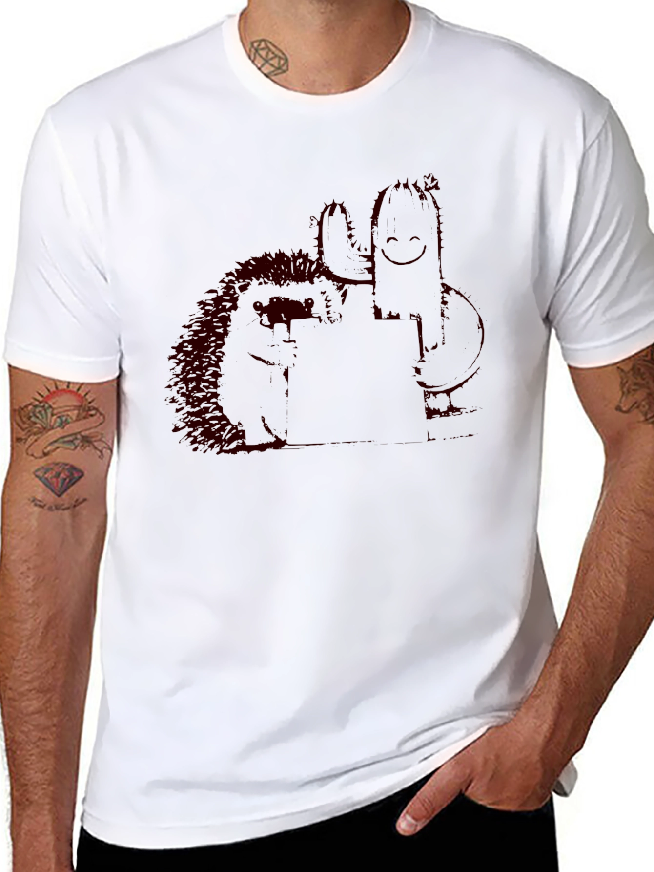 Black T-Shirt with Quirky Cactus & Hedgehog Graphic