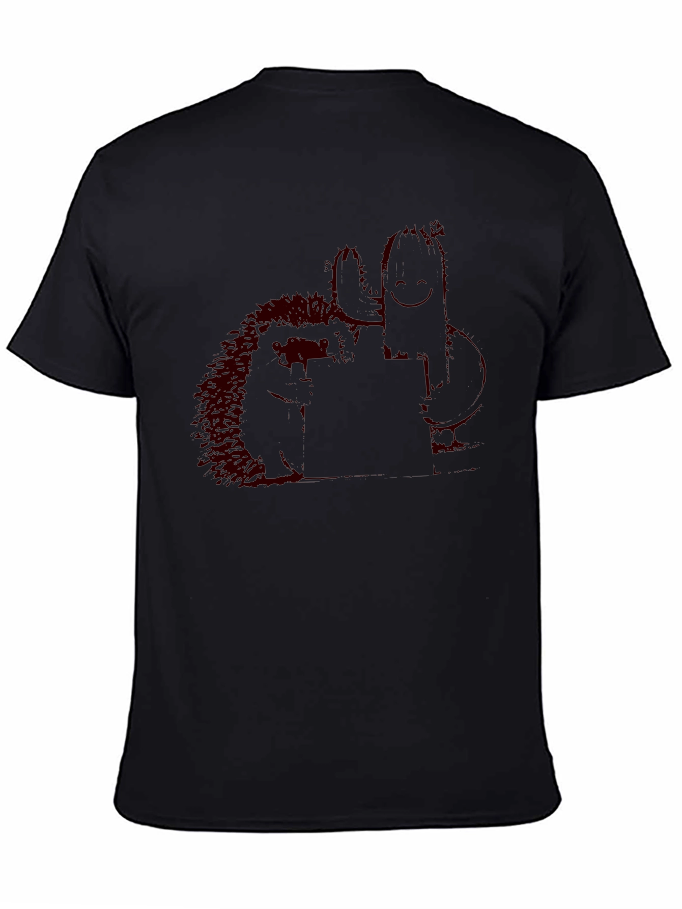 Black T-Shirt with Quirky Cactus & Hedgehog Graphic