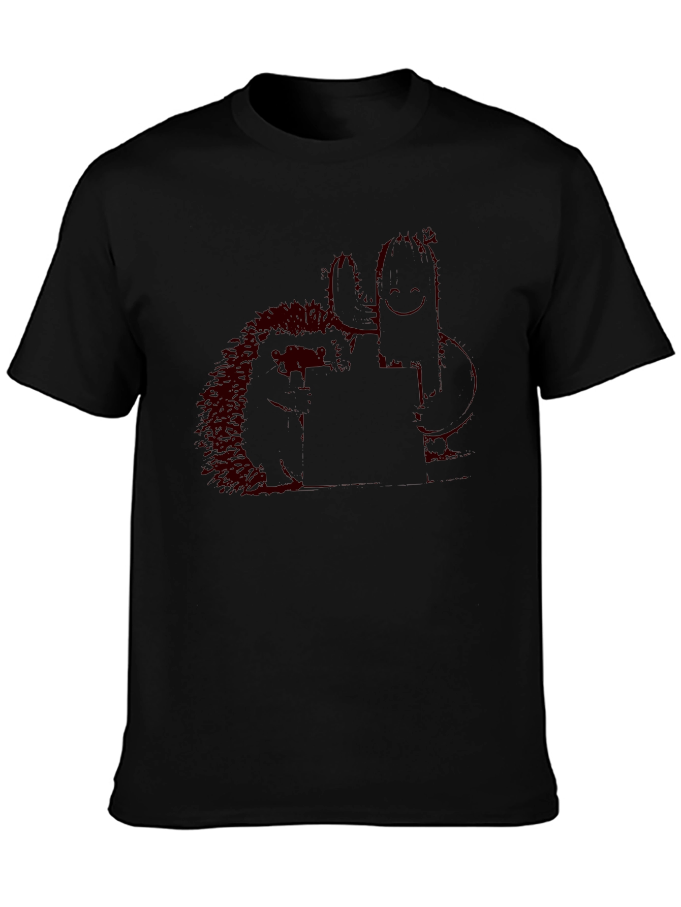 Black T-Shirt with Quirky Cactus & Hedgehog Graphic