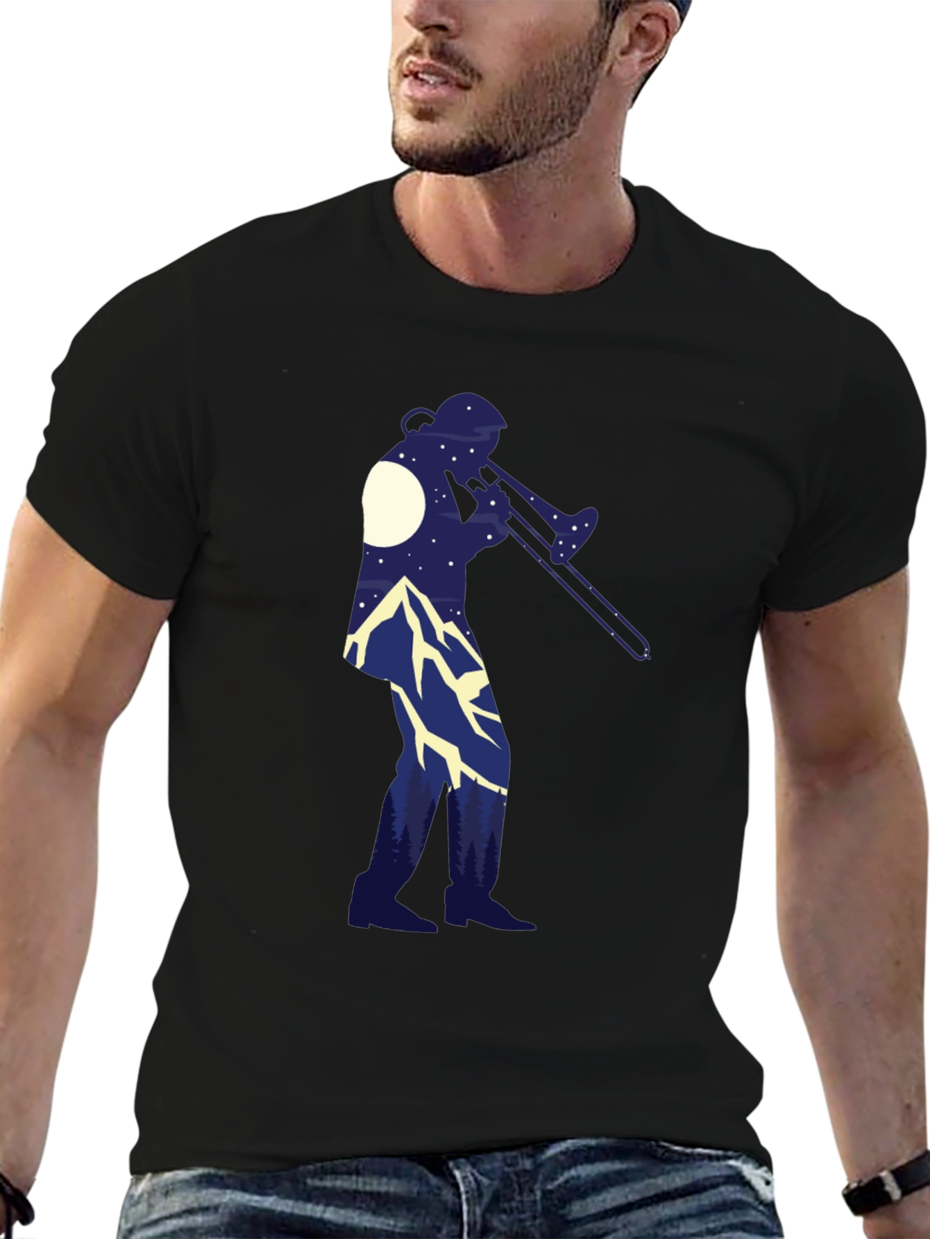 Trombone Player Mountain Scene Black Tee