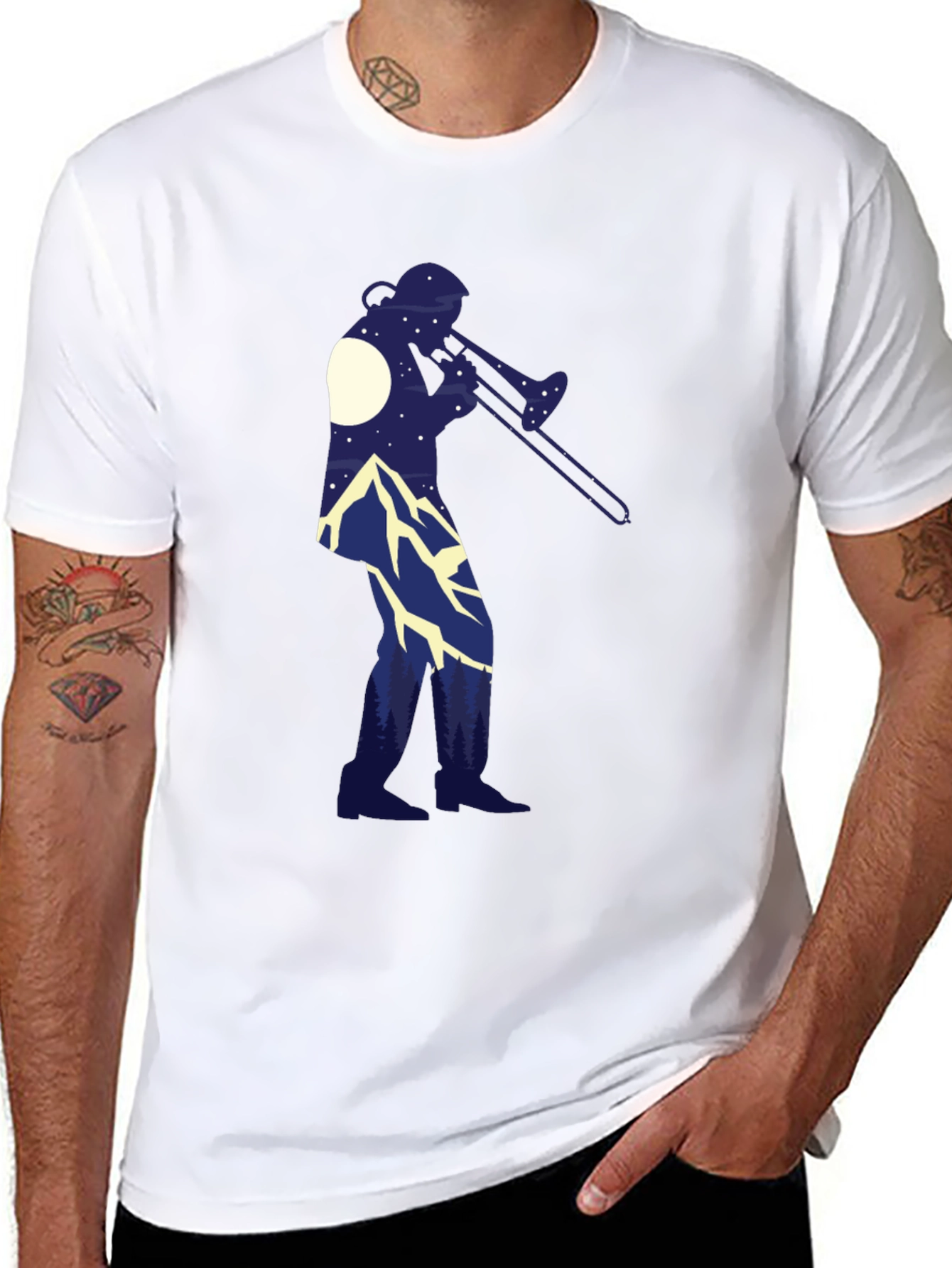 Trombone Player Mountain Scene Black Tee