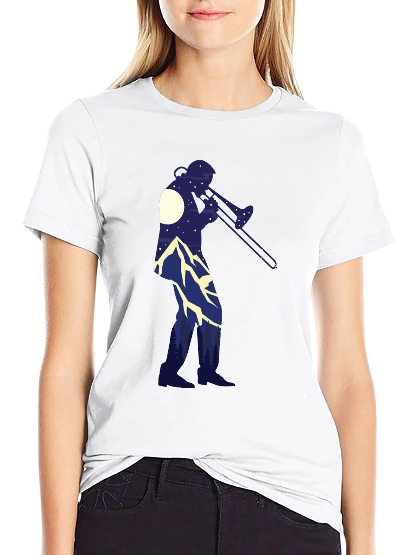 Trombone Player Mountain Scene Black Tee