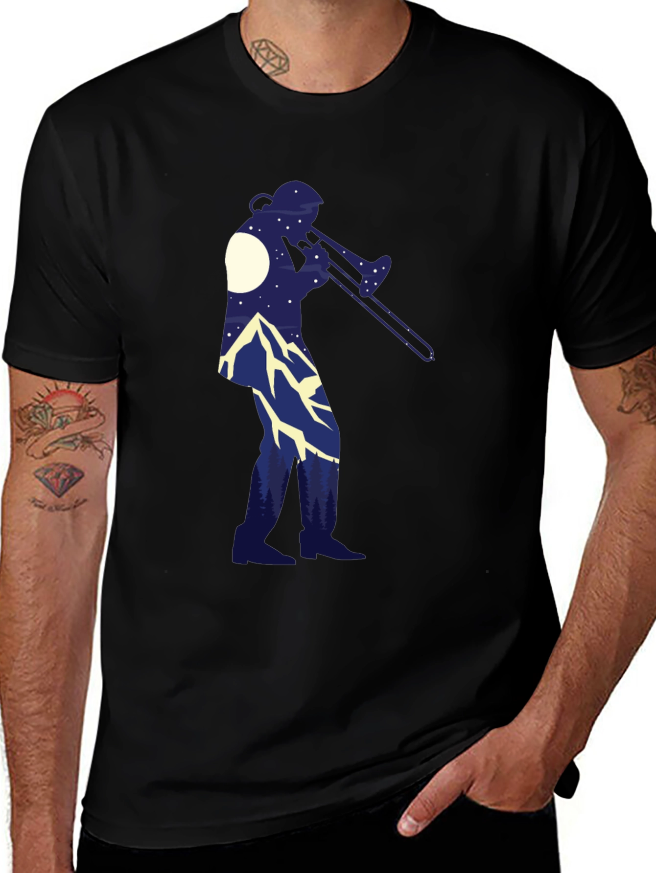 Trombone Player Mountain Scene Black Tee