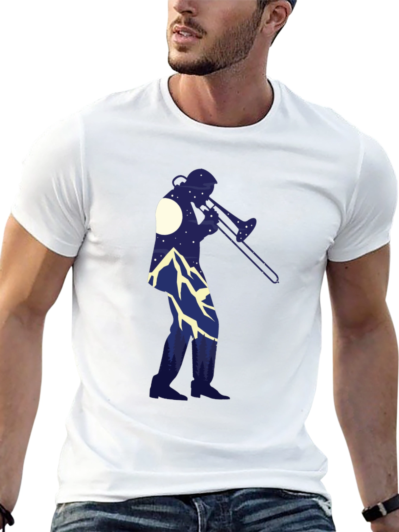 Trombone Player Mountain Scene Black Tee