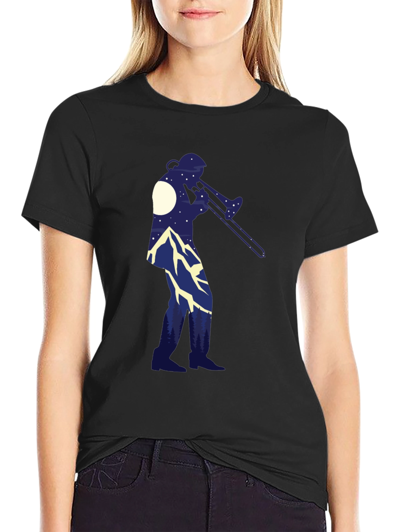 Trombone Player Mountain Scene Black Tee