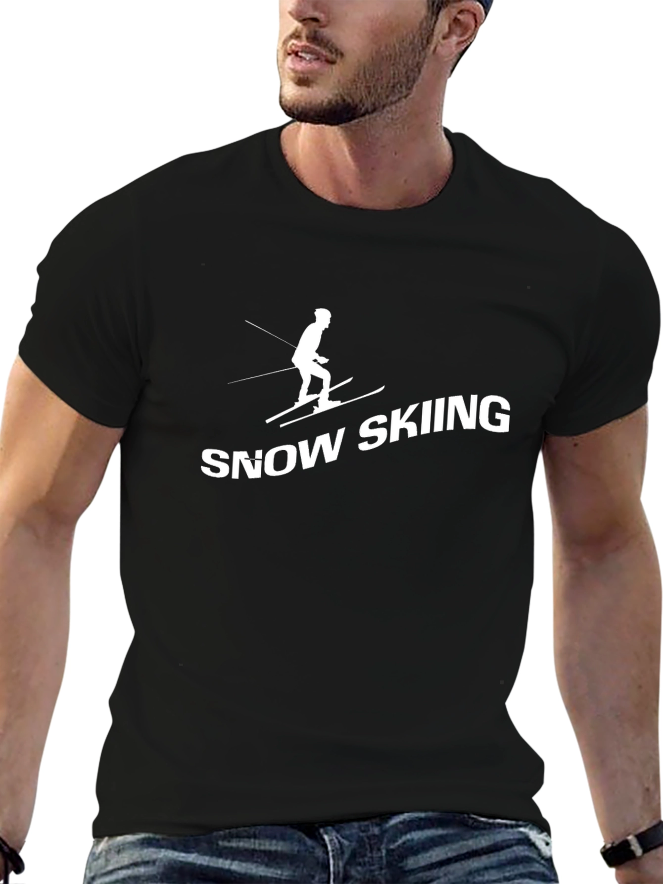 Snow Skiing Graphic Tee - Black Cotton T-Shirt