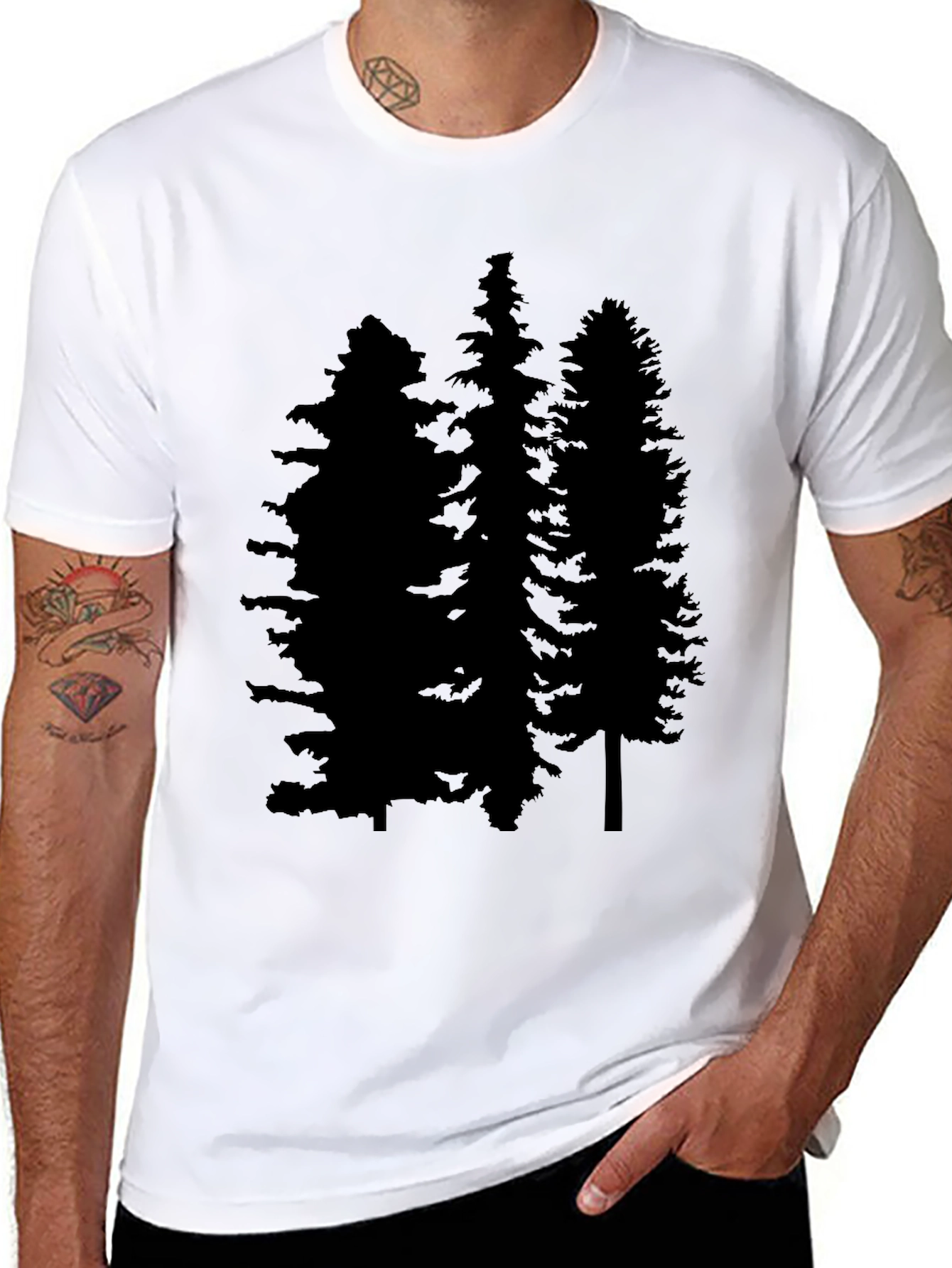 Mens Black T-Shirt with Pine Tree Graphic