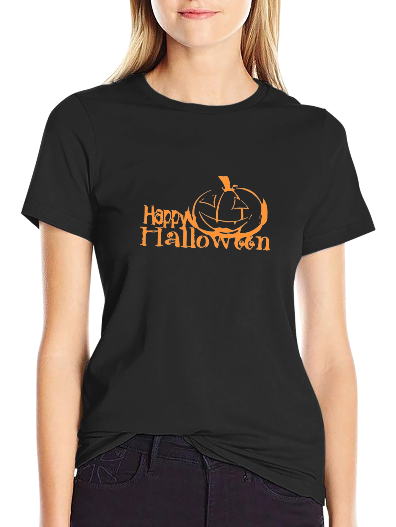 Happy Halloween Pumpkin Graphic Tee - Black Cotton Blend