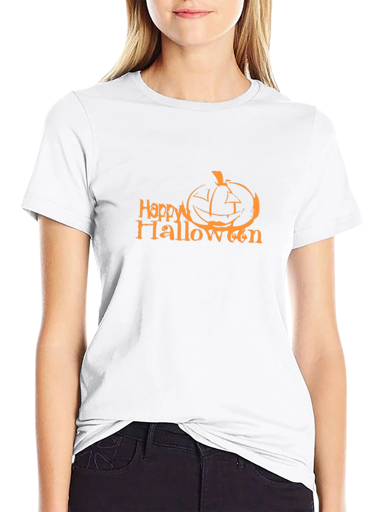 Happy Halloween Pumpkin Graphic Tee - Black Cotton Blend