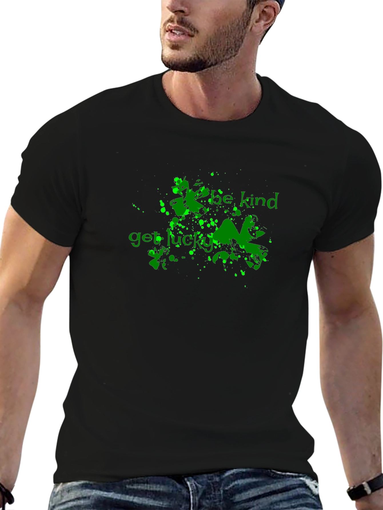 Be Kind Get Lucky Green Graphic Black T-Shirt