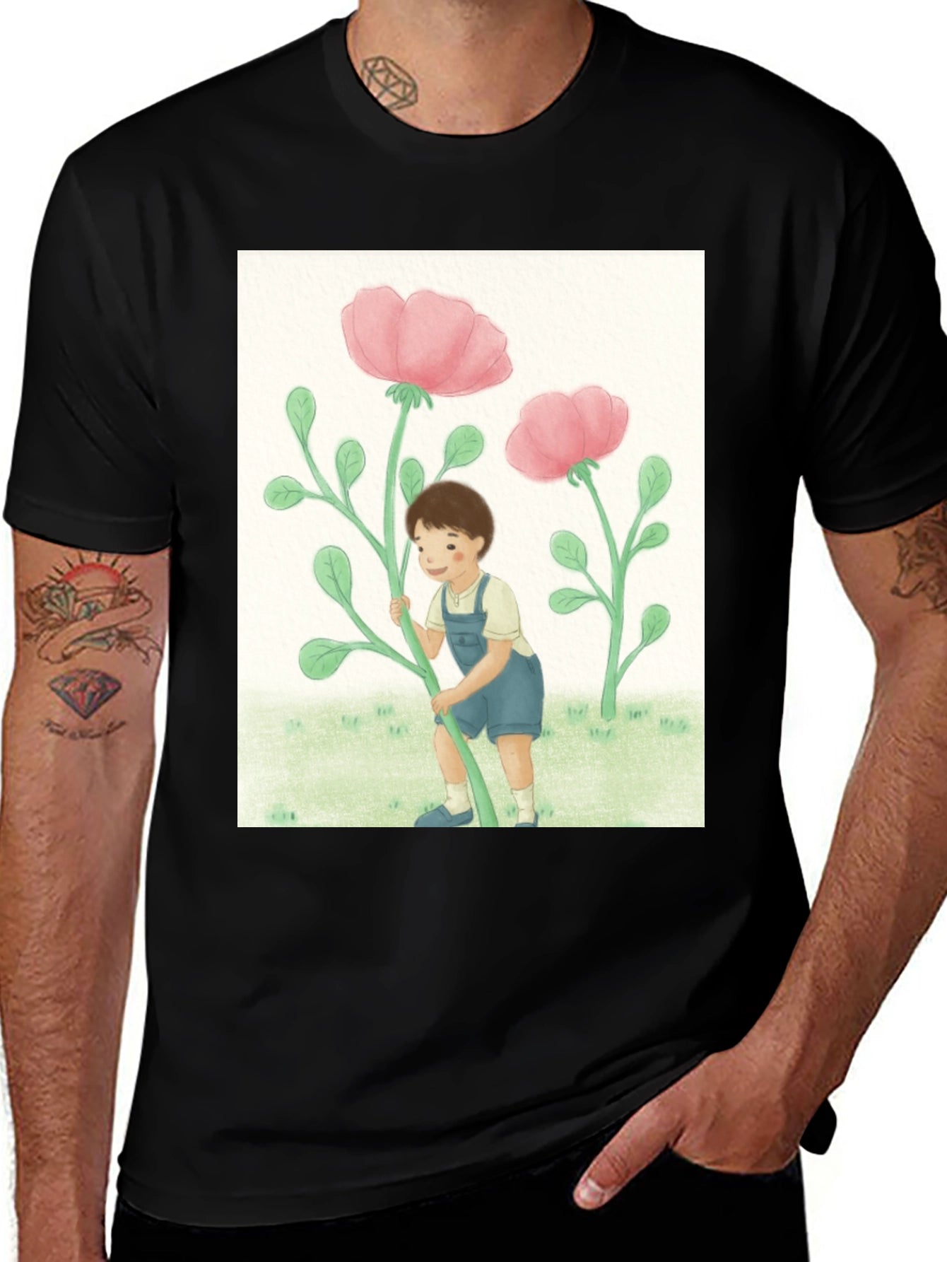 Boy with Flowers Black T-Shirt