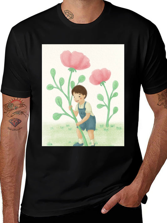 Boy with Flowers Black T-Shirt