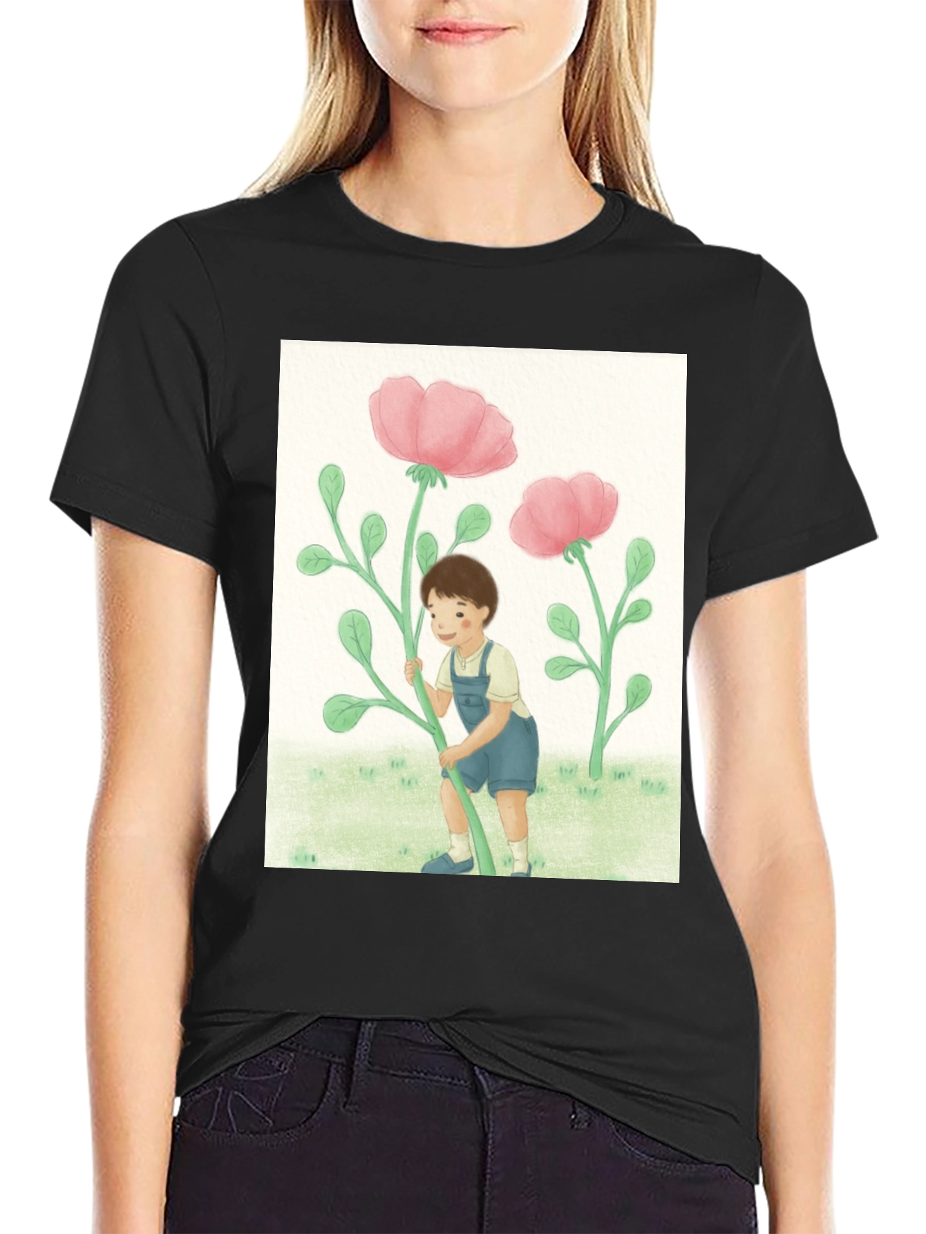 Boy with Flowers Black T-Shirt